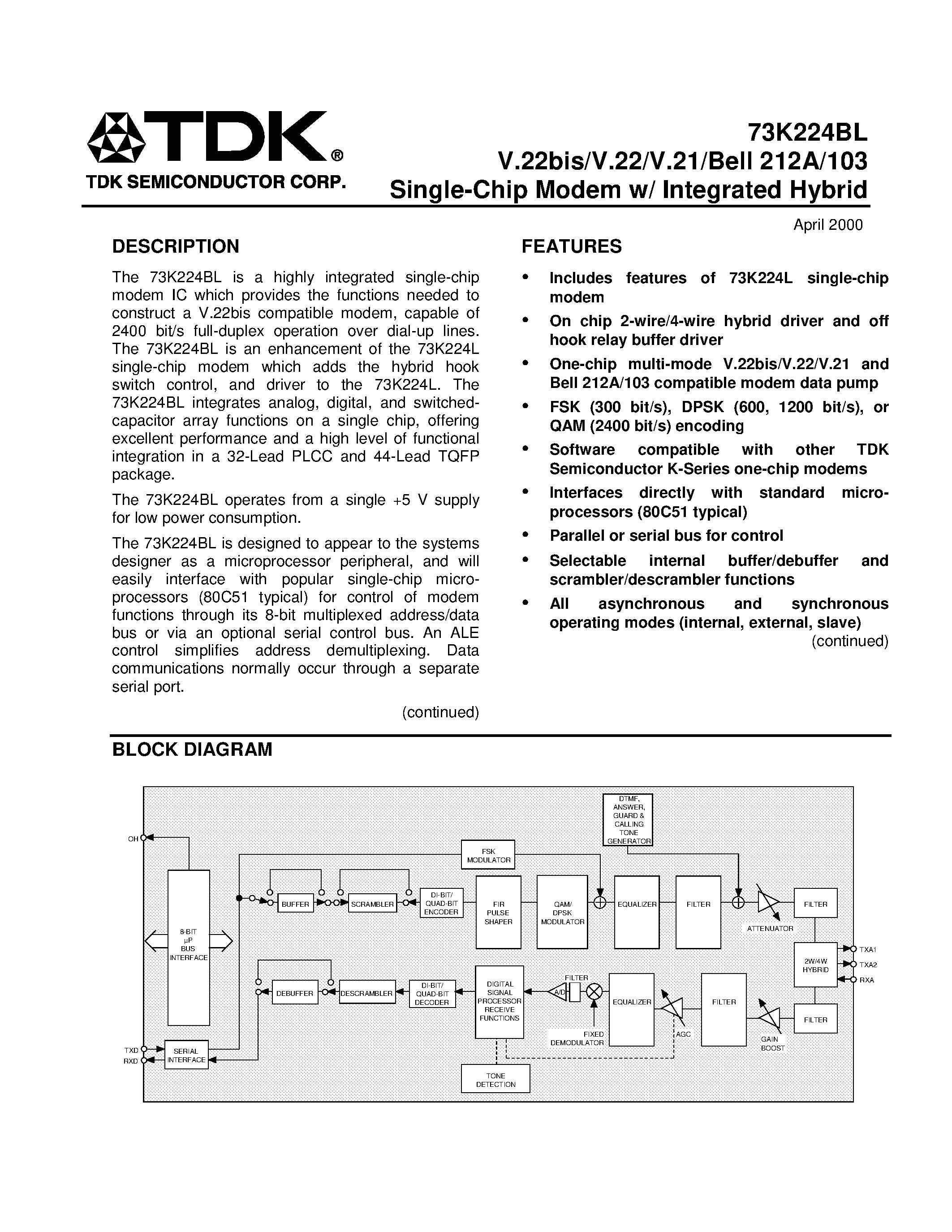 Даташит 73K224BL - Single-Chip Modem w/ Integrated Hybrid страница 1