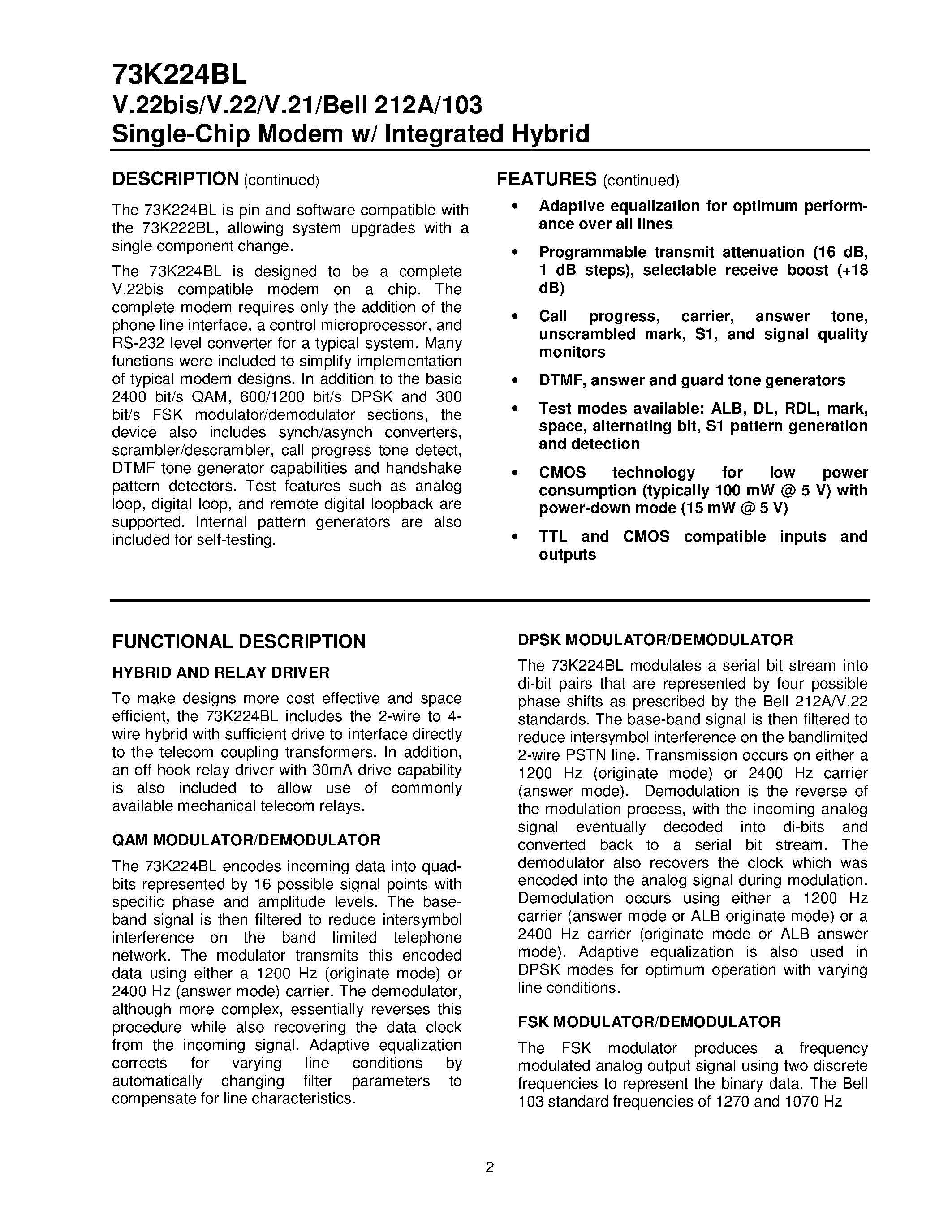 Даташит 73K224BL - Single-Chip Modem w/ Integrated Hybrid страница 2