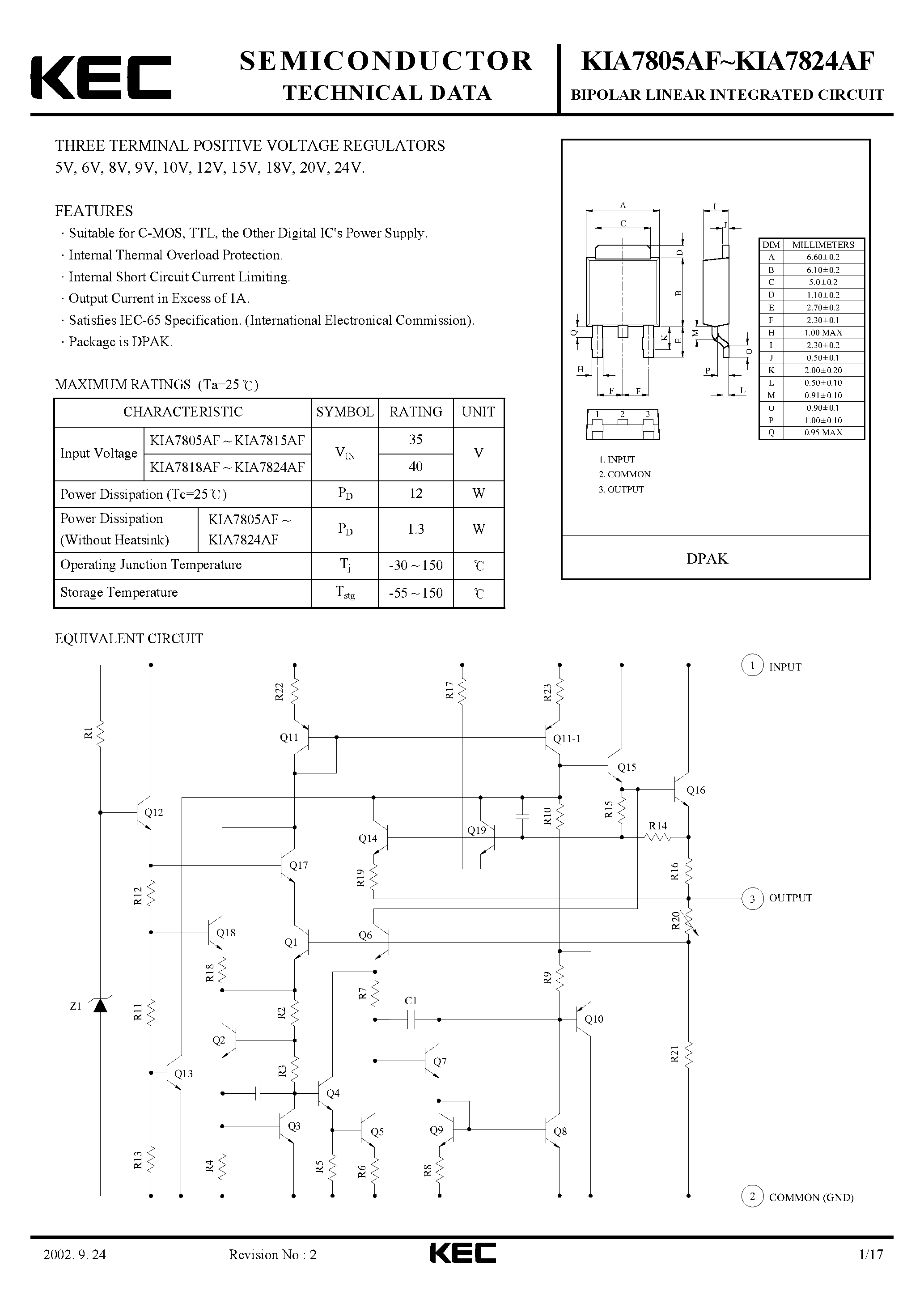 Даташит KIA7820AF - BIPOLAR LINEAR INTEGRATED CIRCUIT страница 1