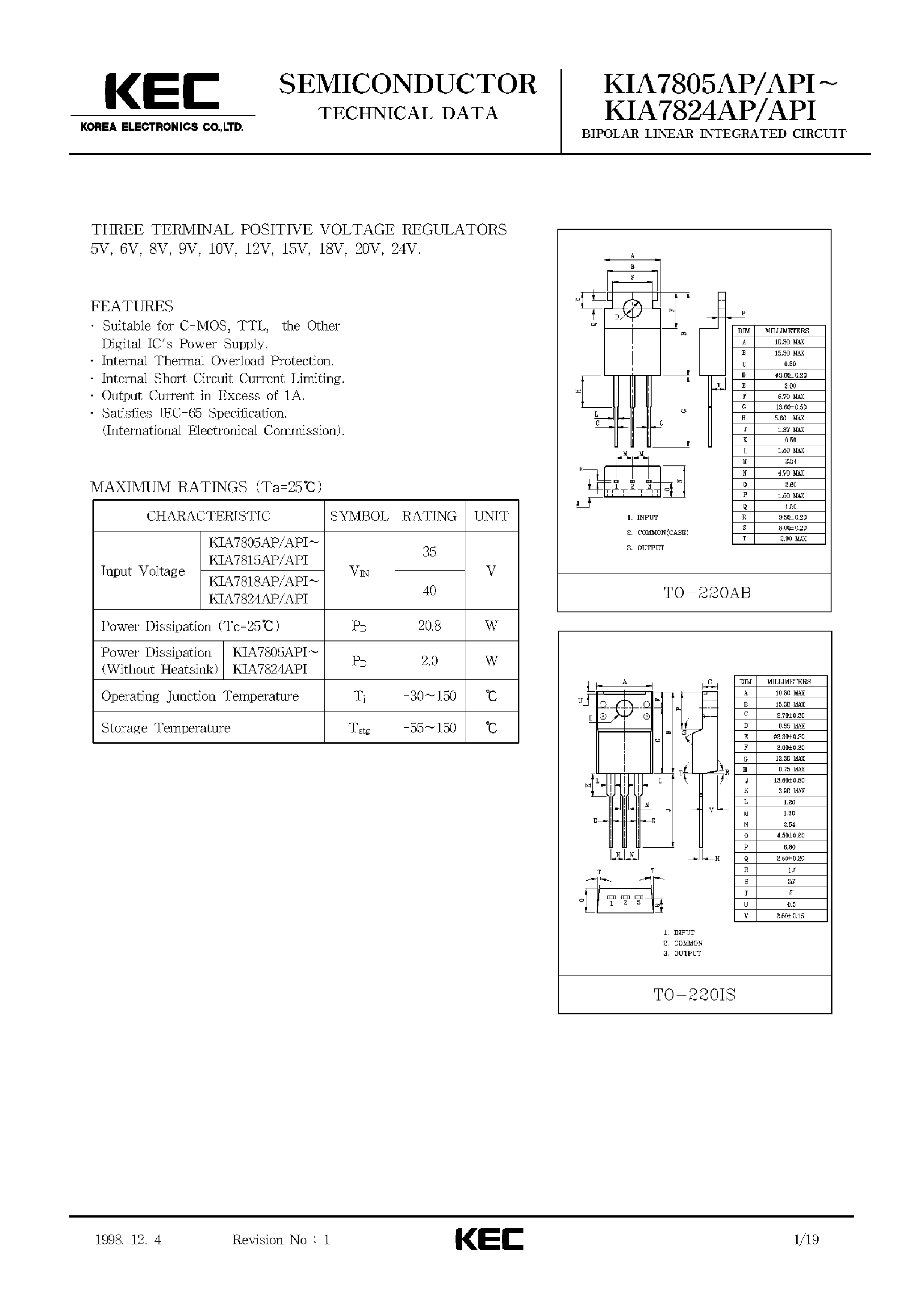 Даташит KIA7820AP - THREE TERMINAL POSITIVE VOLTAGE REGULATORS страница 1