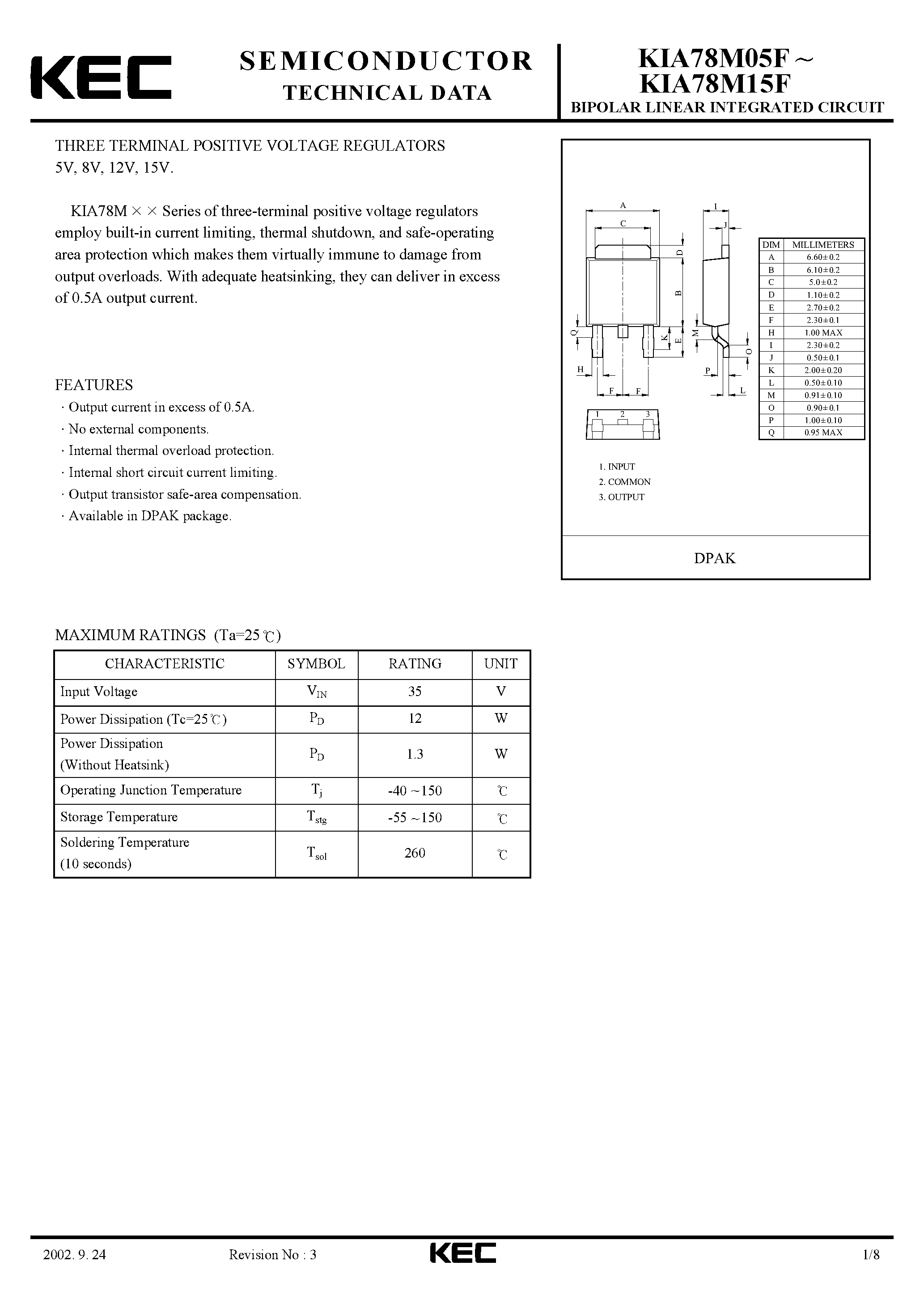 Даташит KIA78M08F - BIPOLAR LINEAR INTEGRATED CIRCUIT (THREE TERMINAL POSITIVE VOLTAGE REGULATOR) страница 1