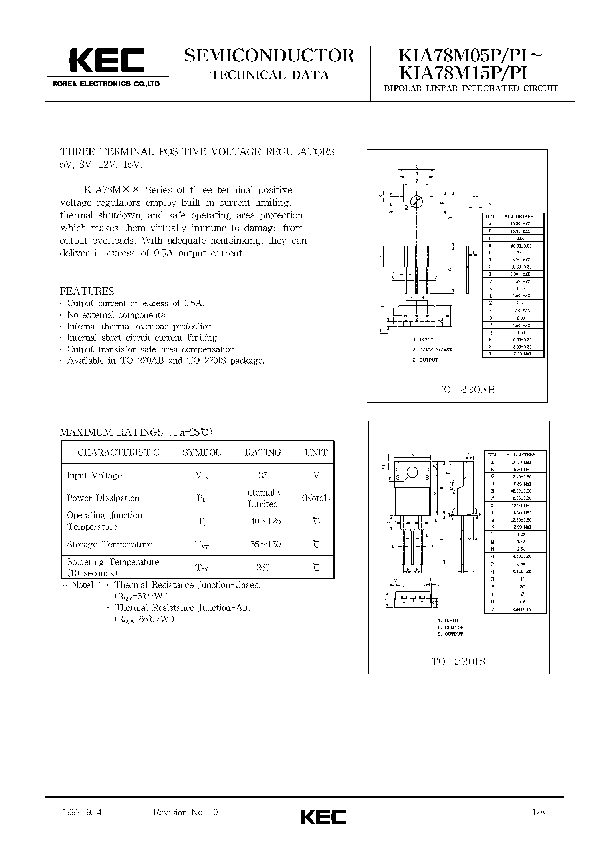 Datasheet KIA78M15P - BIPOLAR LINEAR INTEGRATED CIRCUIT (THREE TERMINAL POSITIVE VOLTAGE REGULATORS) page 1