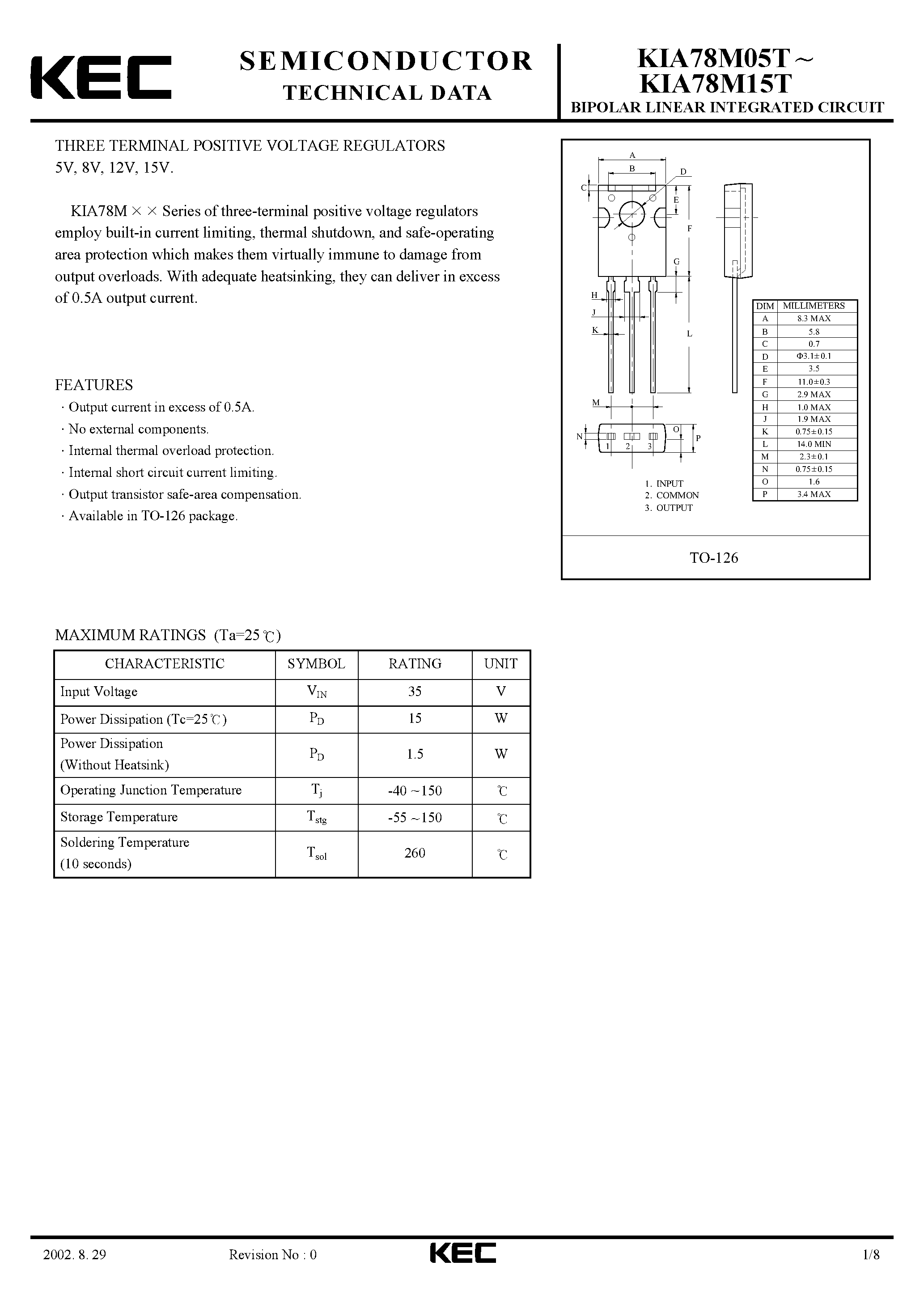 Datasheet KIA78M15T - BIPOLAR LINEAR INTEGRATED CIRCUIT (THREE TERMINAL POSITIVE VOLTAGE REGULATORS) page 1