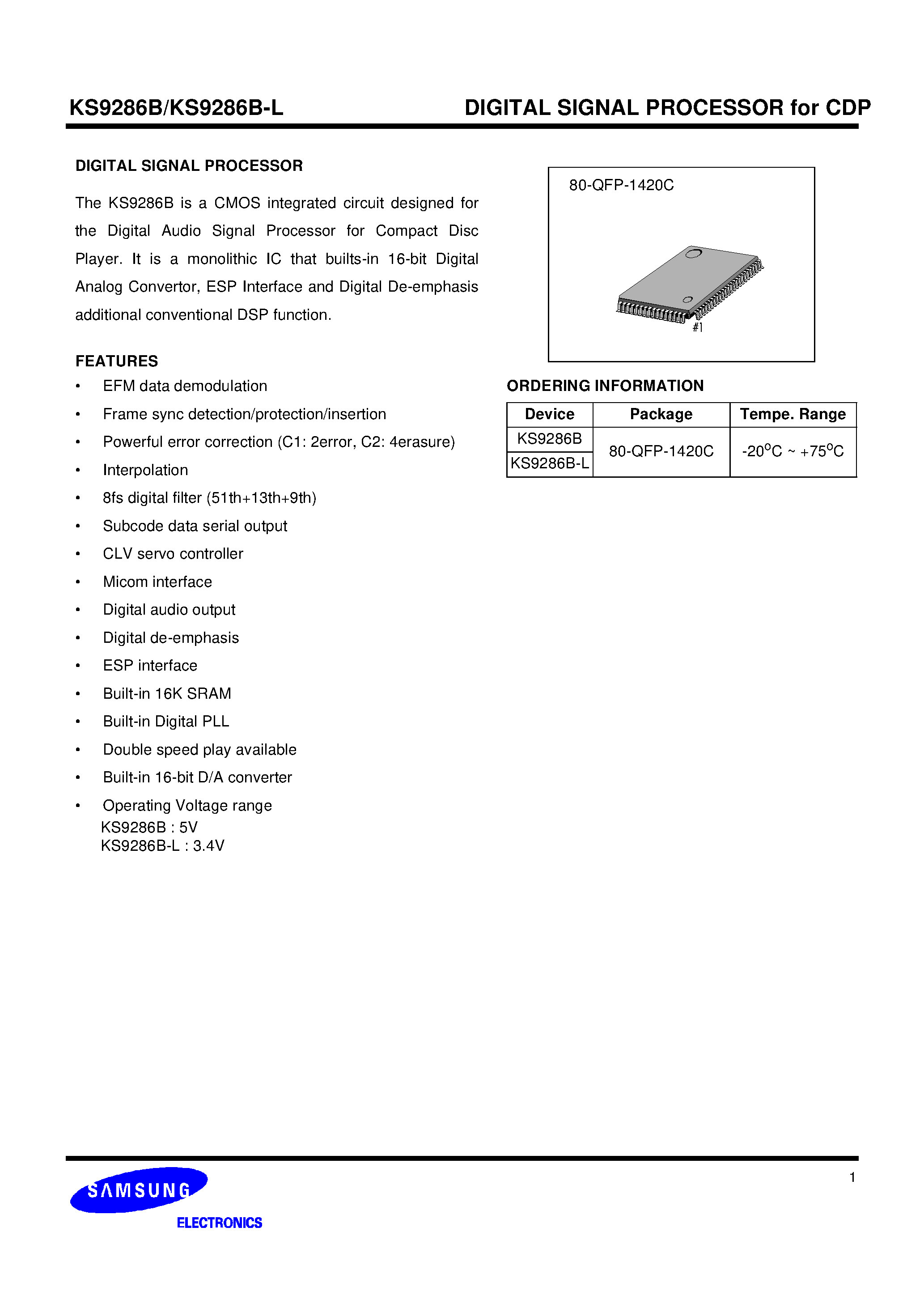 Даташит KS9286B-L - DIGITAL SIGNAL PROCESSOR for CDP страница 1