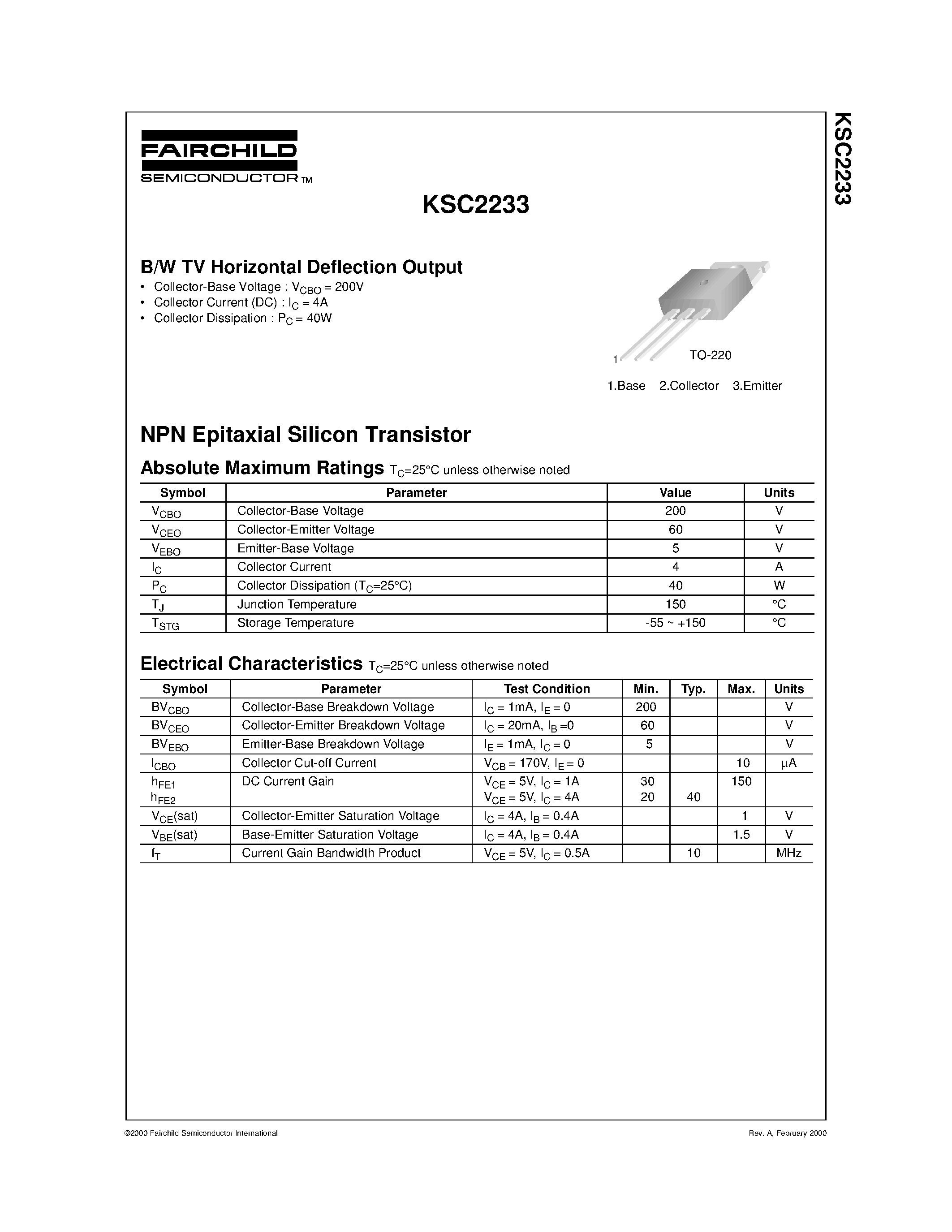 Datasheet KSC2233 - B/W TV Horizontal Deflection Output page 1