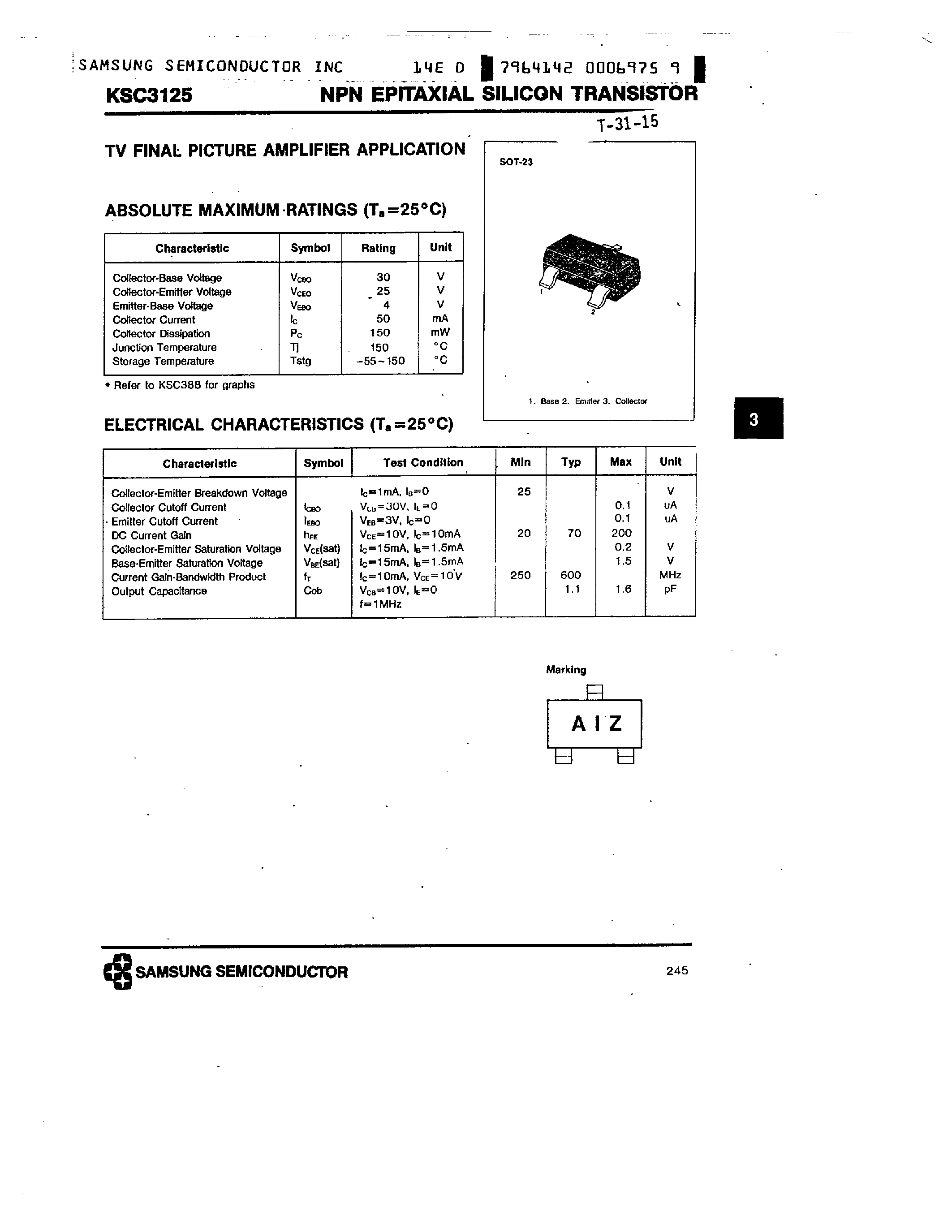 Даташит KSC3125 - NPN (TV FINAL PICTURE AMPLIFIER APPLICATION) страница 1