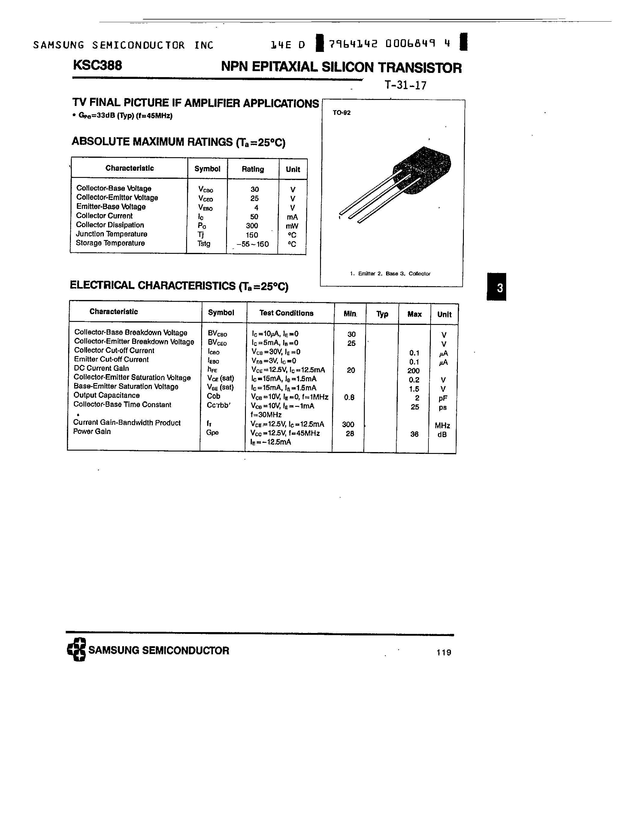 Даташит KSC388 - NPN (TV FINAL PICTURE IF AMPLIFIER APPLICATIONS) страница 1