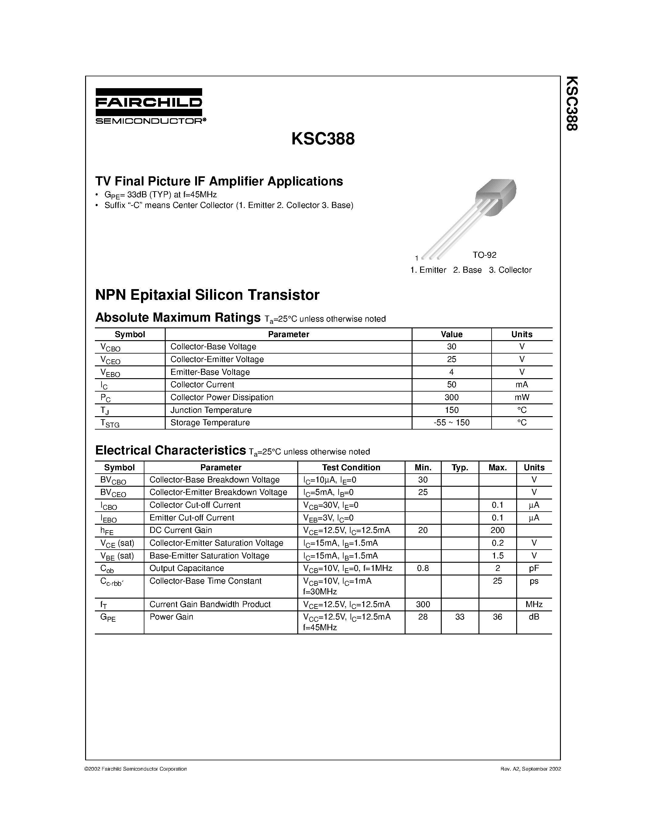 Даташит KSC388 - TV Final Picture IF Amplifier Applications страница 1