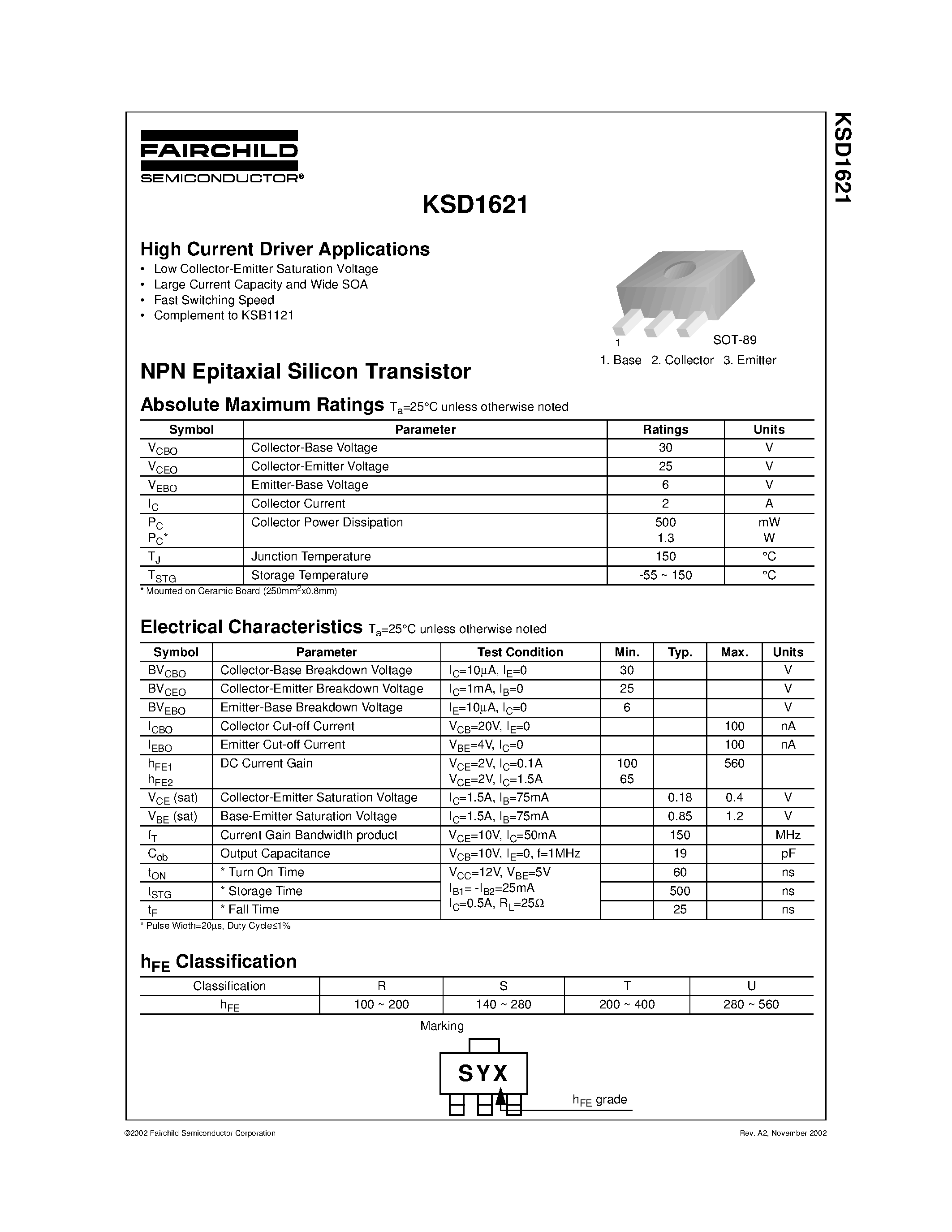 Datasheet KSD1621 - High Current Driver Applications page 1