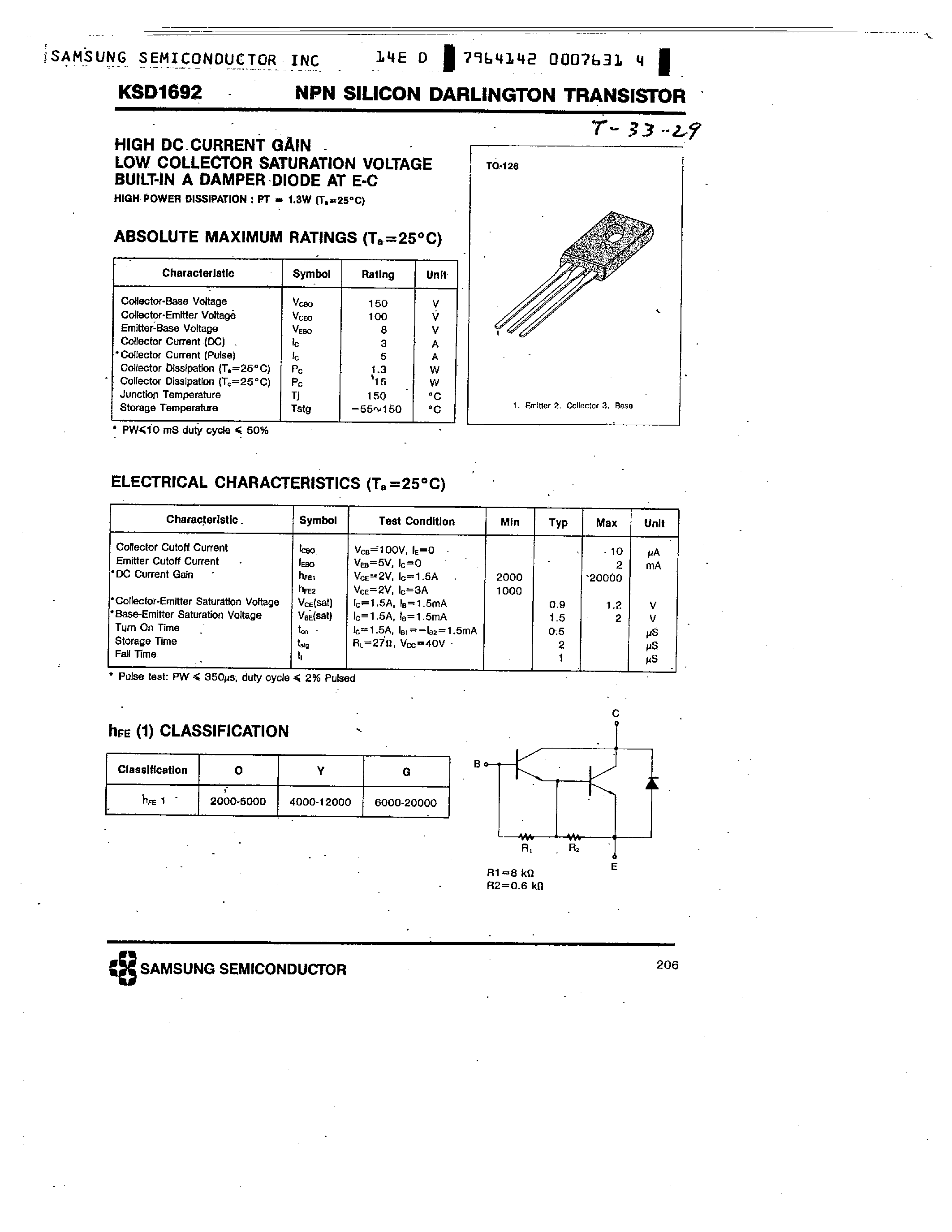 Datasheet KSD1692 - NPN (HIGH DC CURRENT GAIN LOW COLLECTOR SATURATION VOLTAGE BUILT-IN A DAMPER DIODE AT E-C) page 1