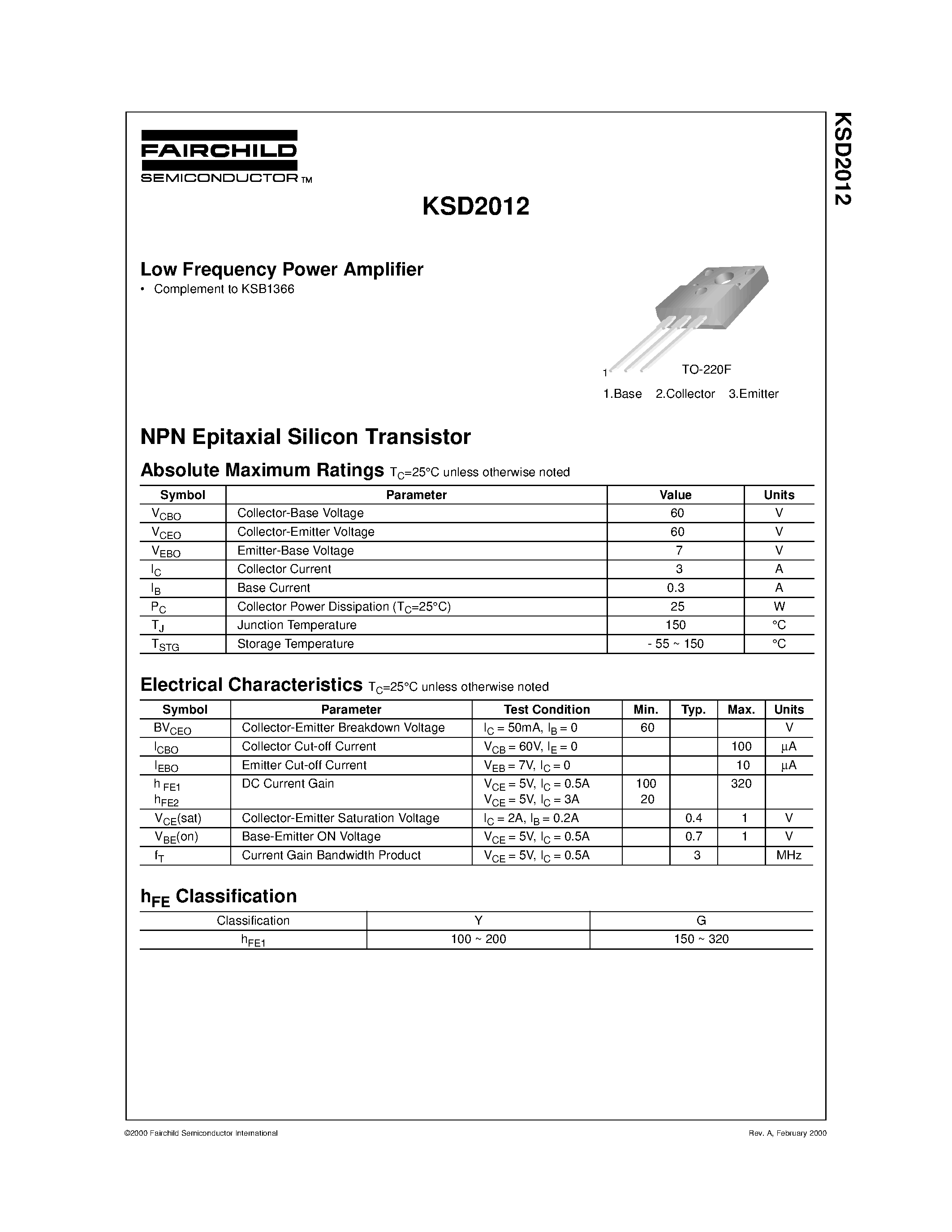 Datasheet KSD2012 - Low Frequency Power Amplifier page 1