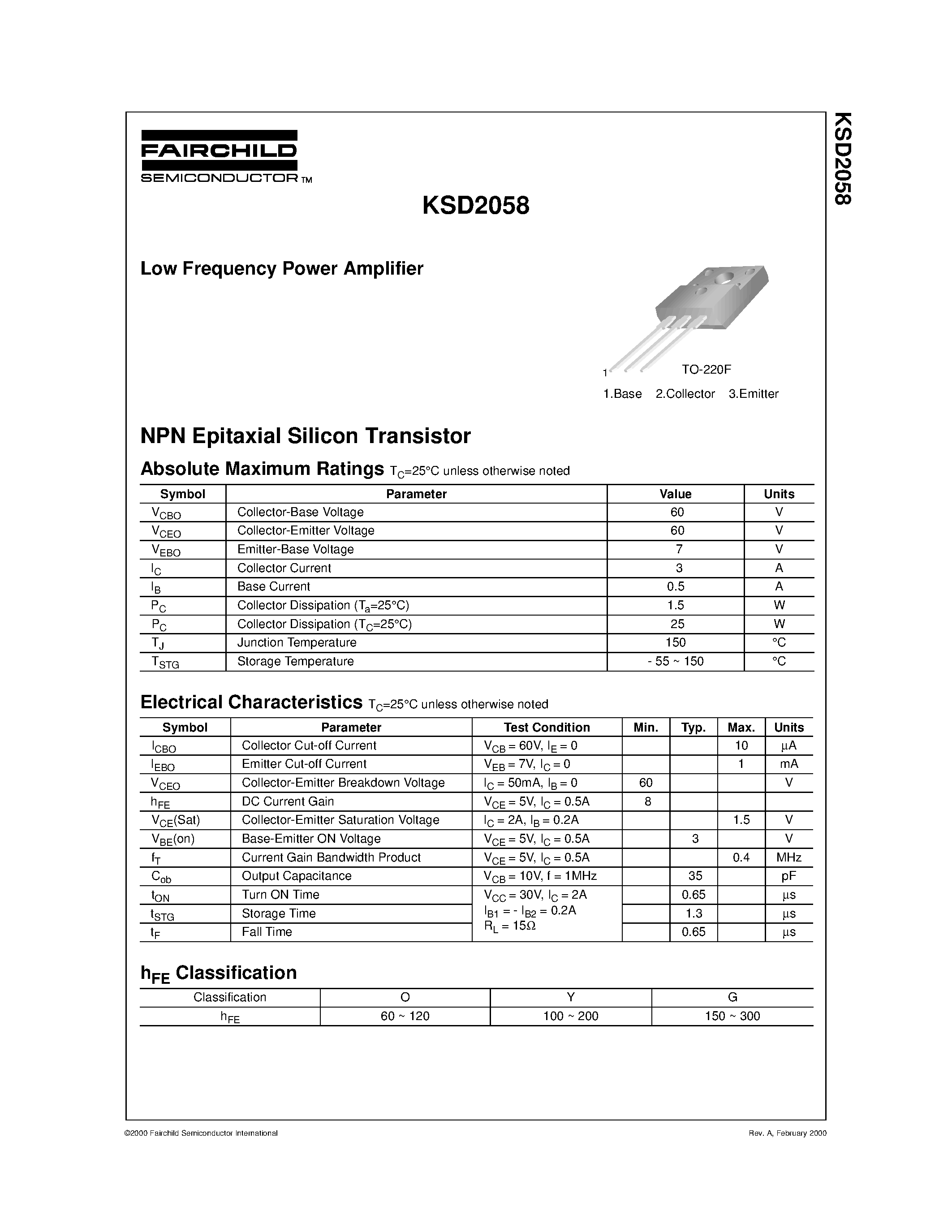 Datasheet KSD2058 - Low Frequency Power Amplifier page 1