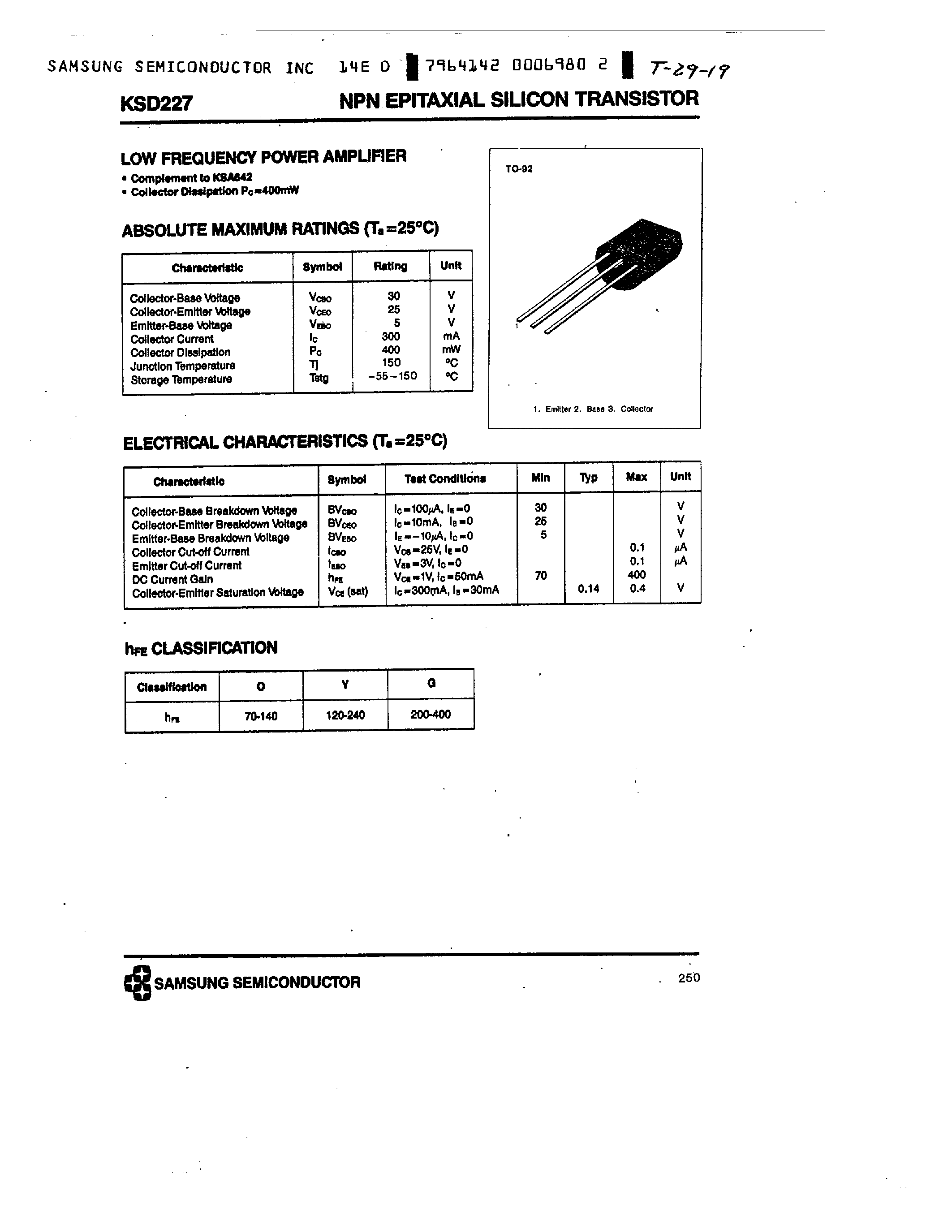 Даташит KSD227 - NPN (LOW FREQUENCY POWER AMPLIFIER) страница 1