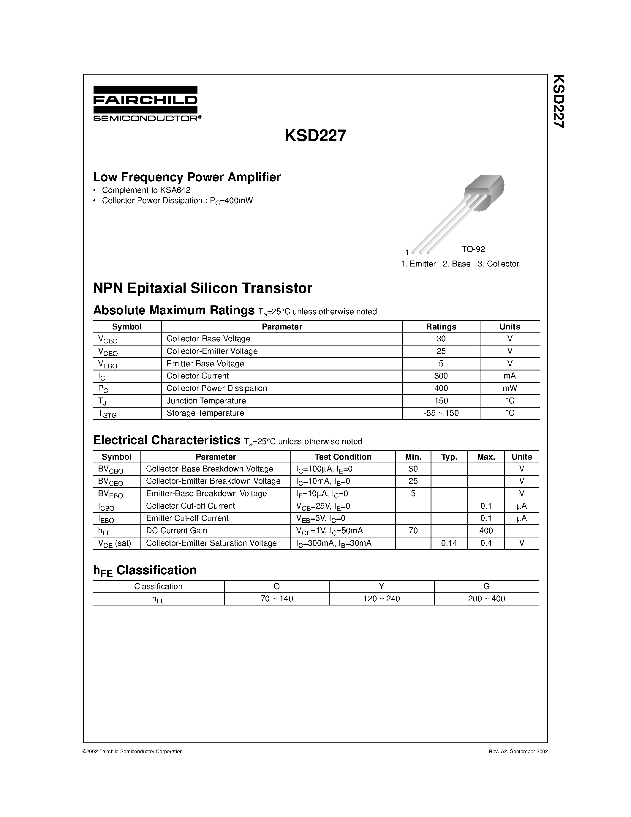 Даташит KSD227 - Low Frequency Power Amplifier страница 1