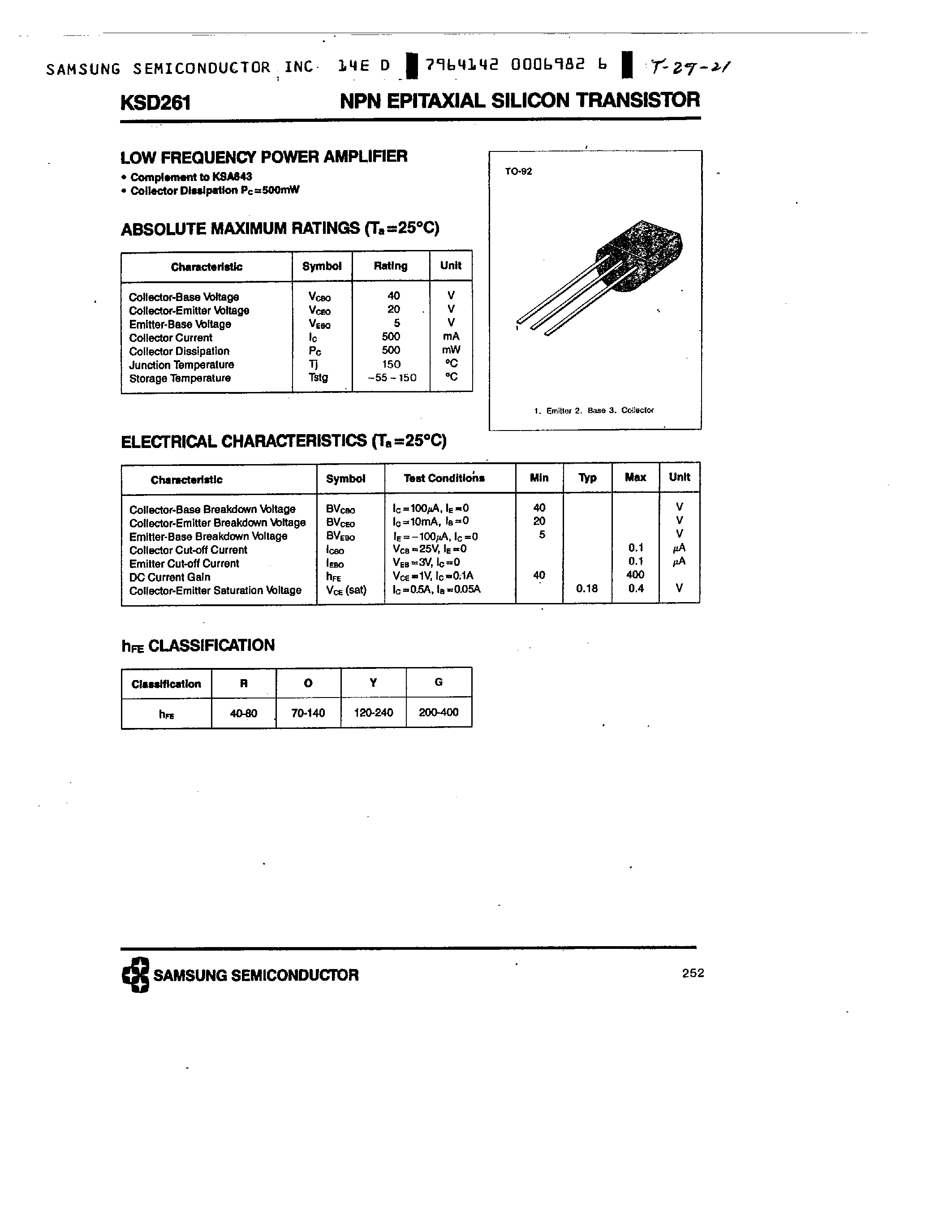 Даташит KSD261 - NPN (LOW FREQUENCY POWER AMPLIFIER) страница 1