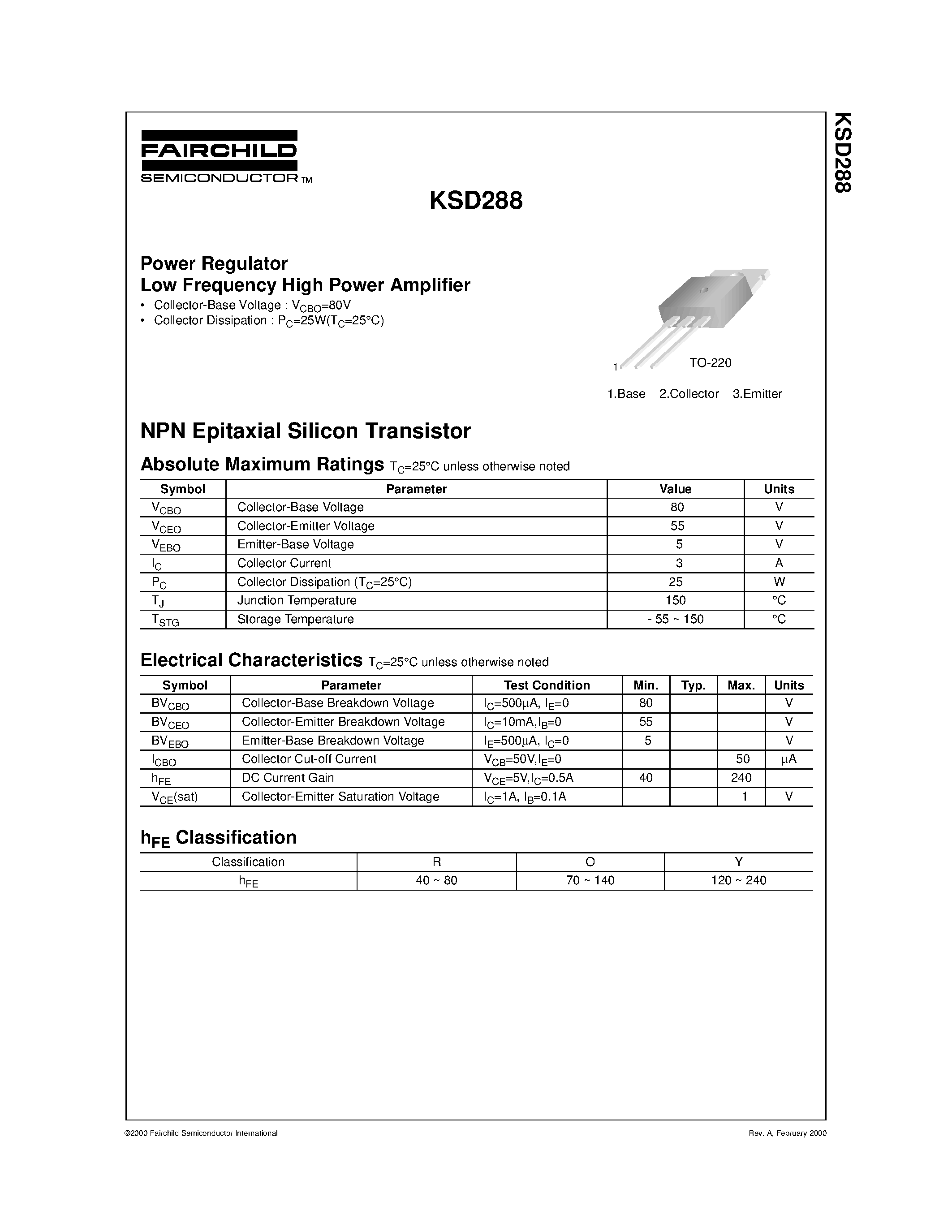 Даташит KSD288 - Power Regulator Low Frequency High Power Amplifier страница 1