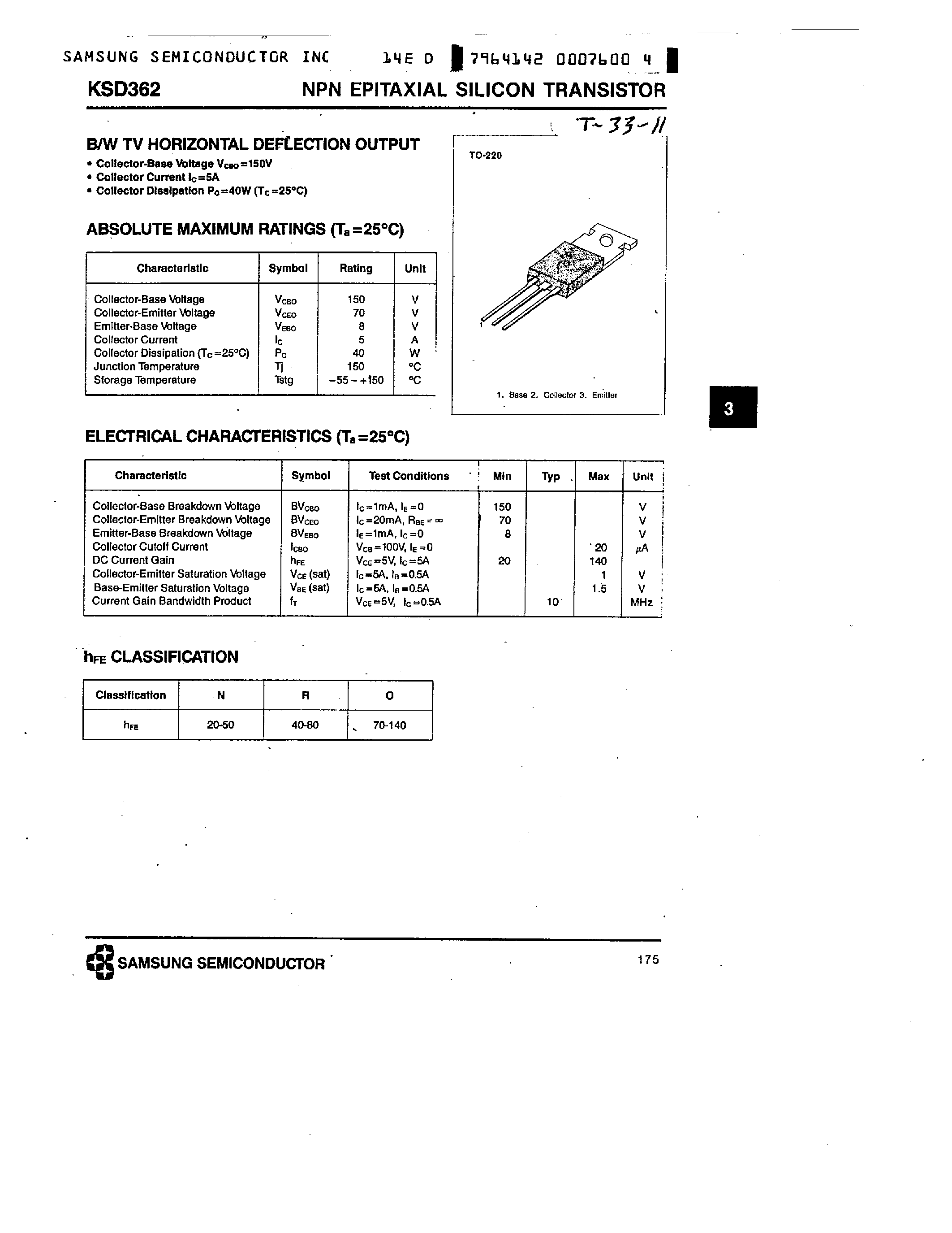 Datasheet KSD362 - NPN (B/W TV HORIZONTAL DEFLECTION OUTPUT) page 1