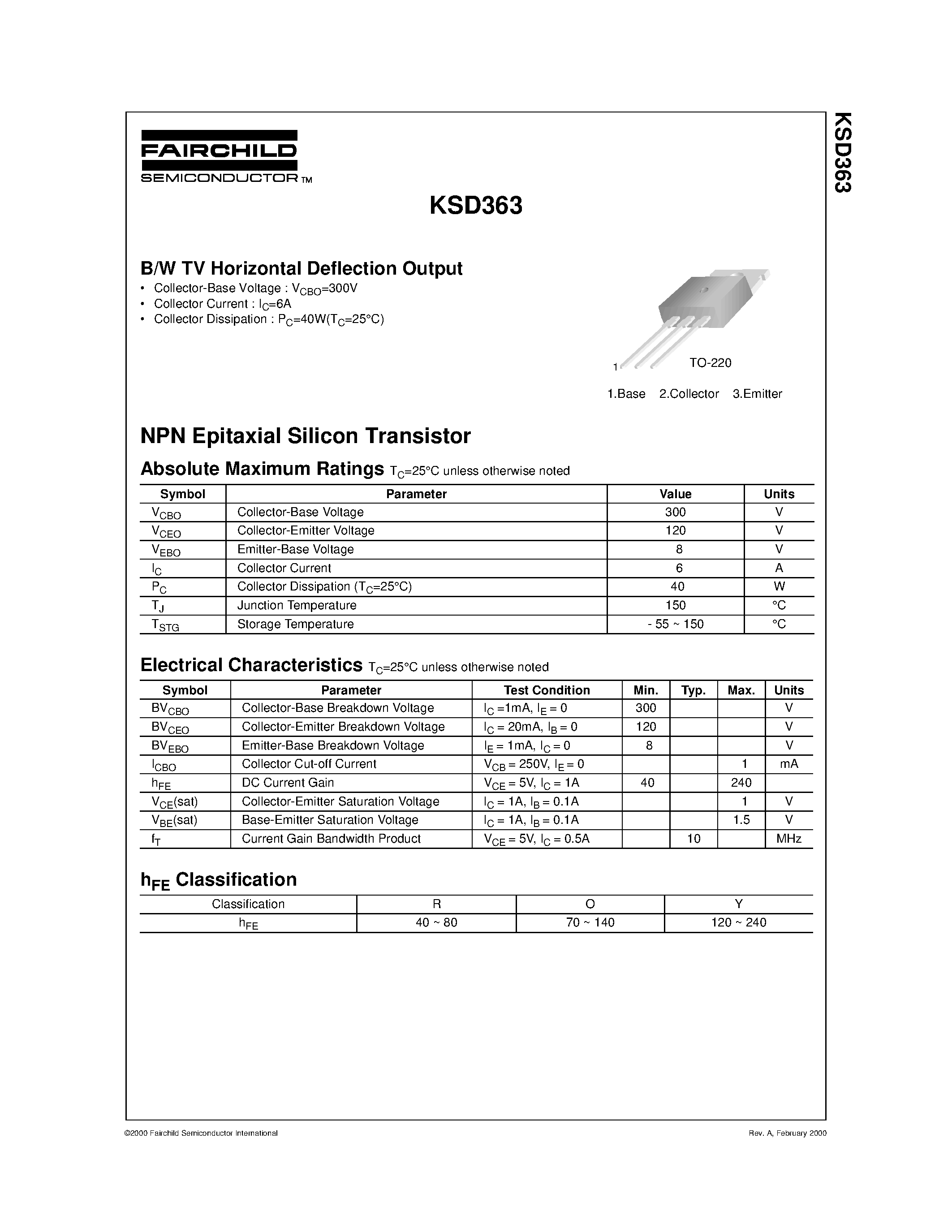 Datasheet KSD363 - B/W TV Horizontal Deflection Output page 1