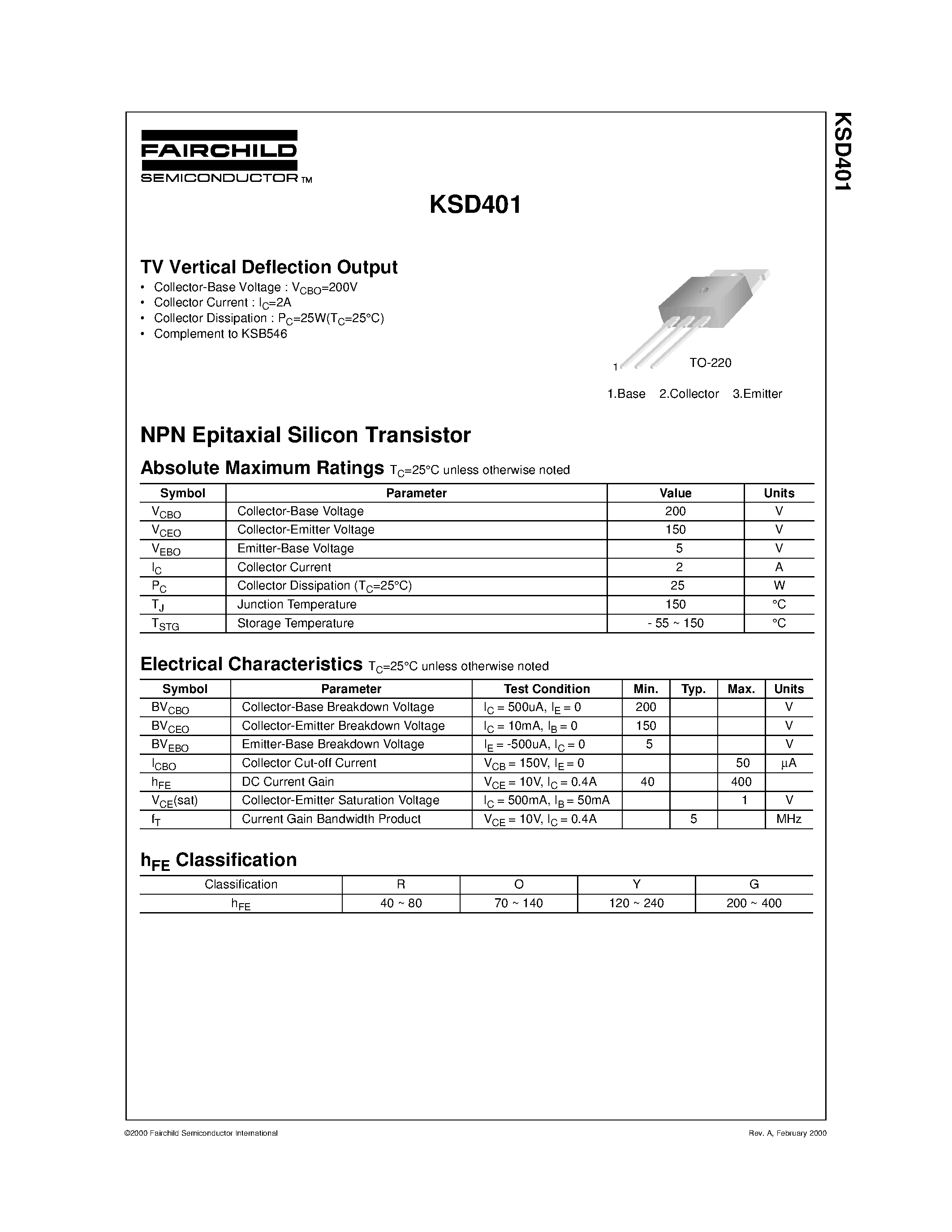 Datasheet KSD401 - TV Vertical Deflection Output page 1