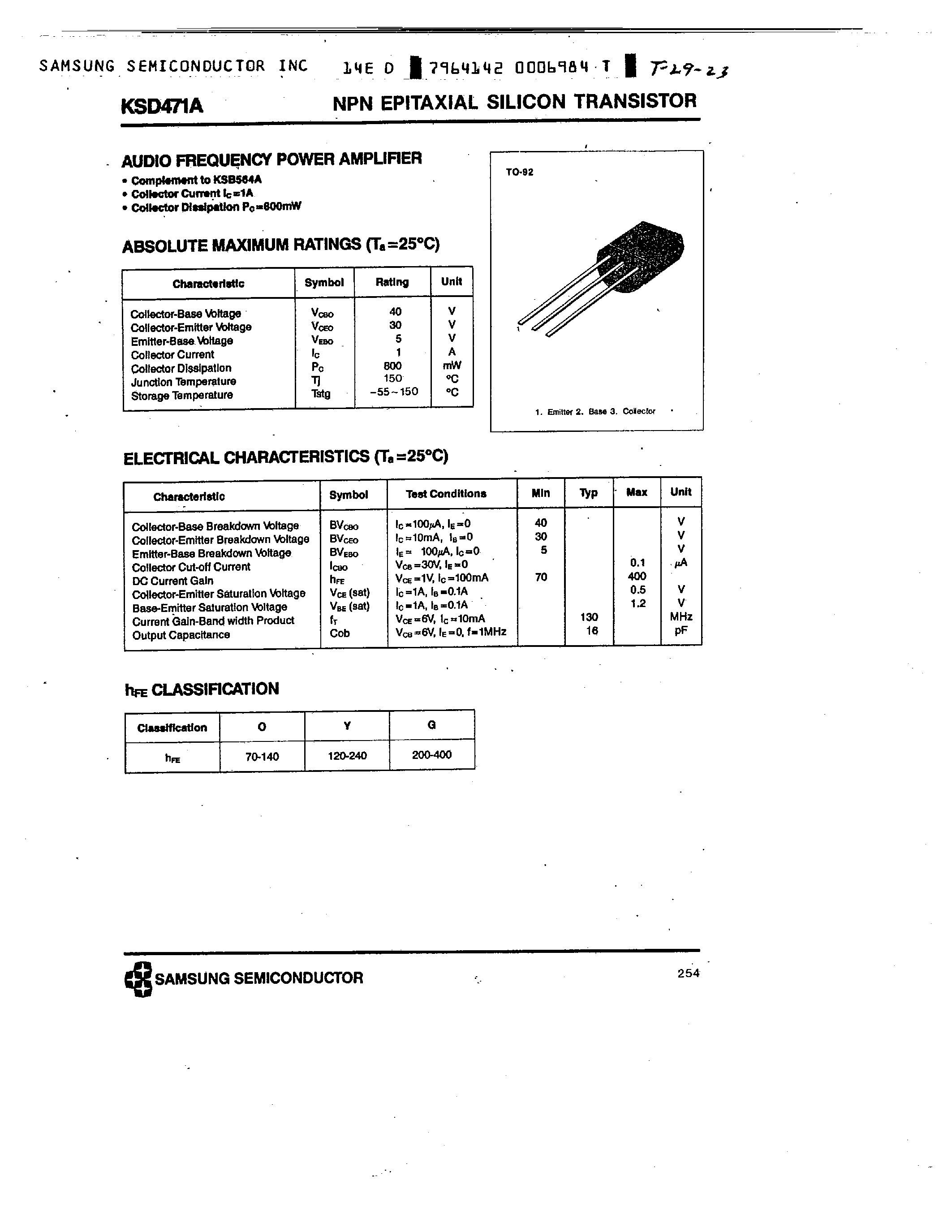 Datasheet KSD471A - NPN (AUDIO FREQUENCY POWER AMPLIFIER) page 1