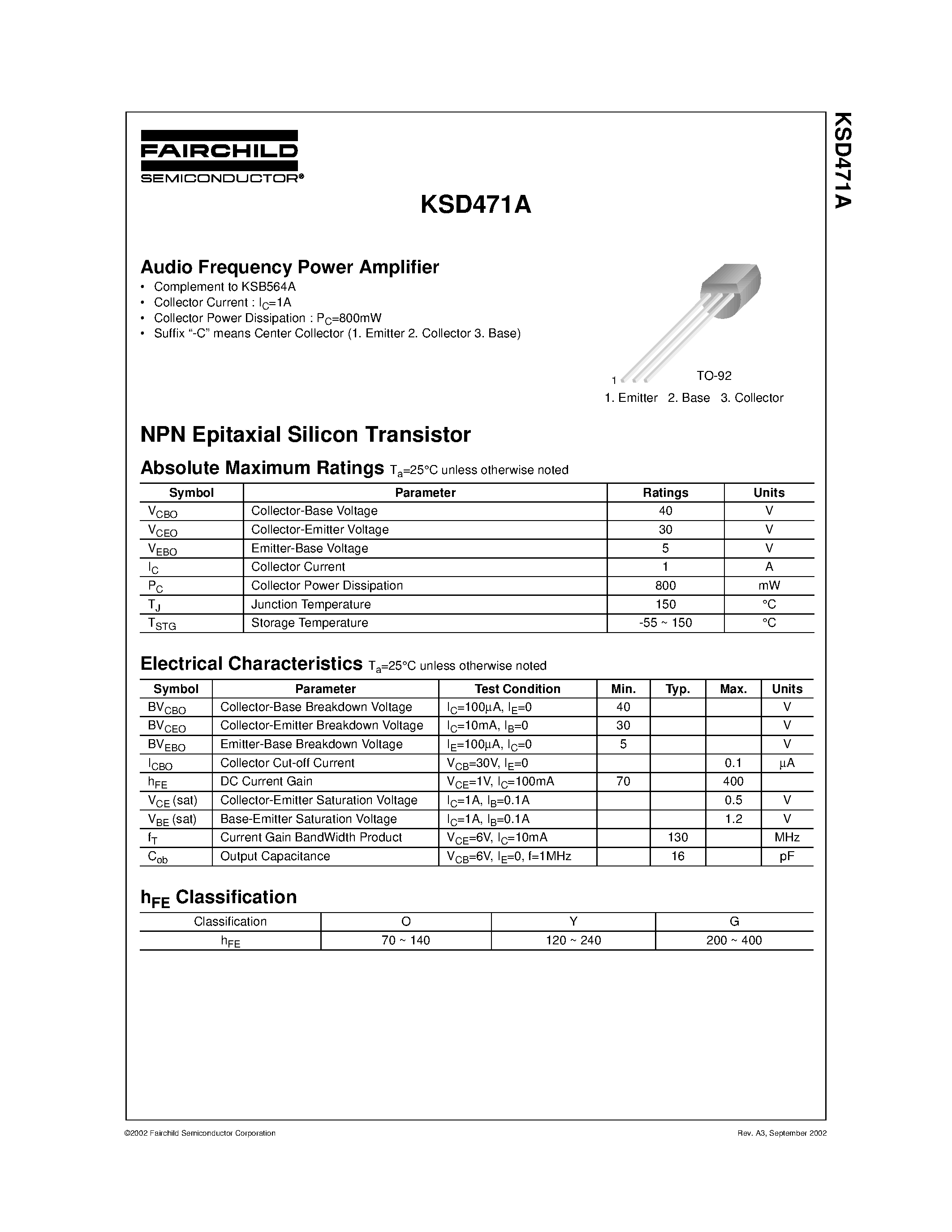 Datasheet KSD471A - Audio Frequency Power Amplifier page 1