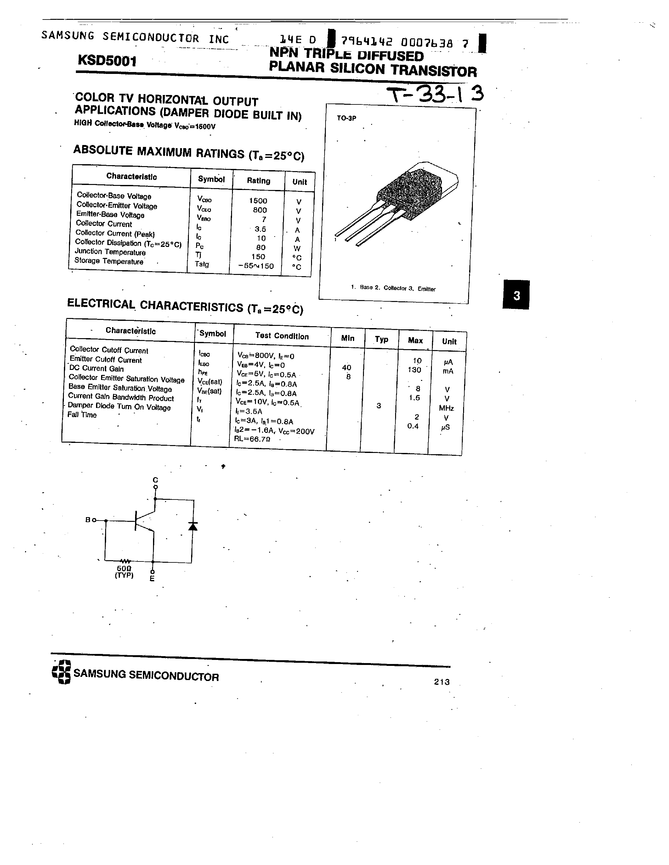 Datasheet KSD5001 - NPN (COLOR TV GORIZONTAL OUTPUT APPLICATIONS) page 1