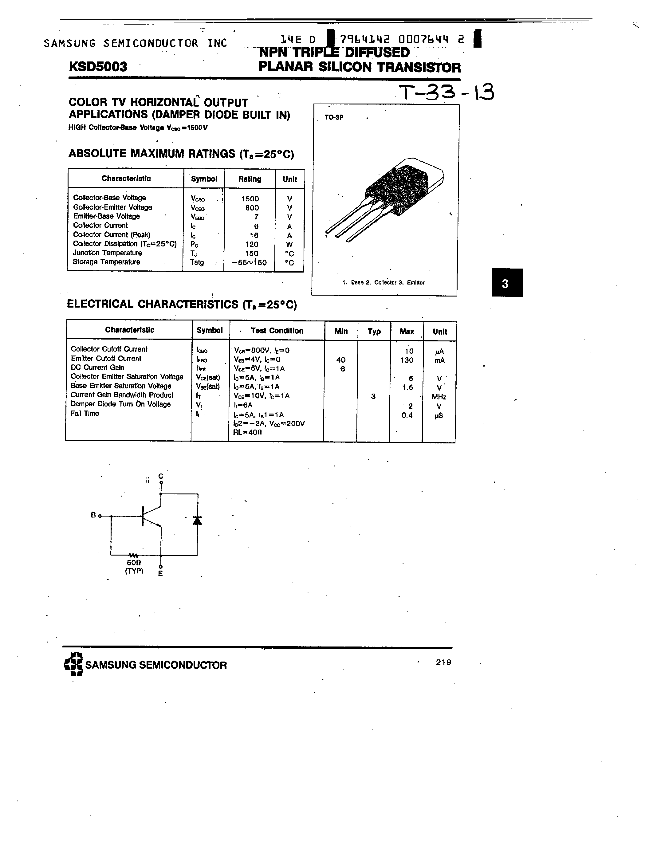 Datasheet KSD5003 - NPN (COLOR TV HORZONTAL OUTPUT APPLICATIONS (DAMPER DIODE BUILT IN) page 1