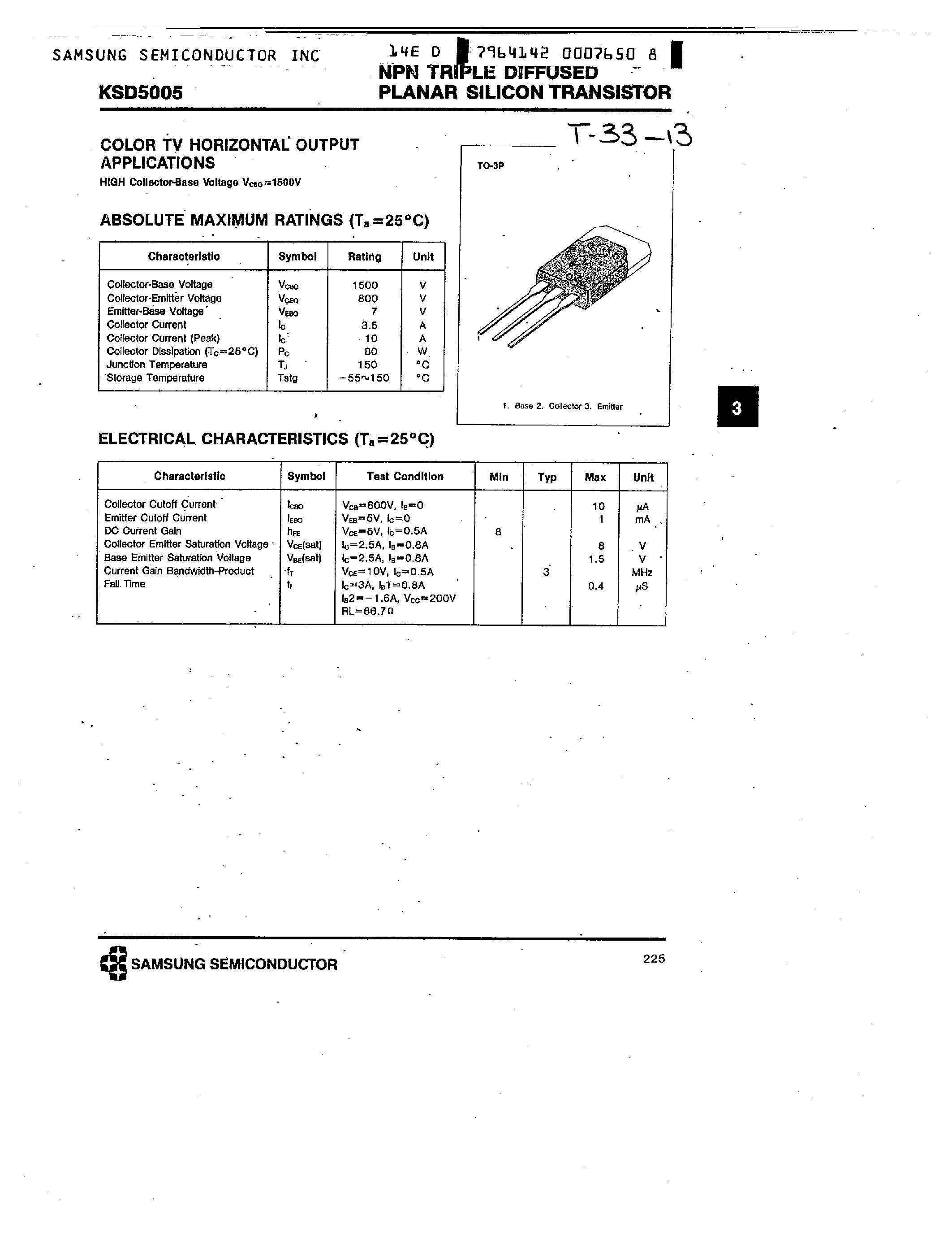 Datasheet KSD5005 - NPN (COLOR TV HORIZONTAL OUTPUT APPLICATIONS) page 1