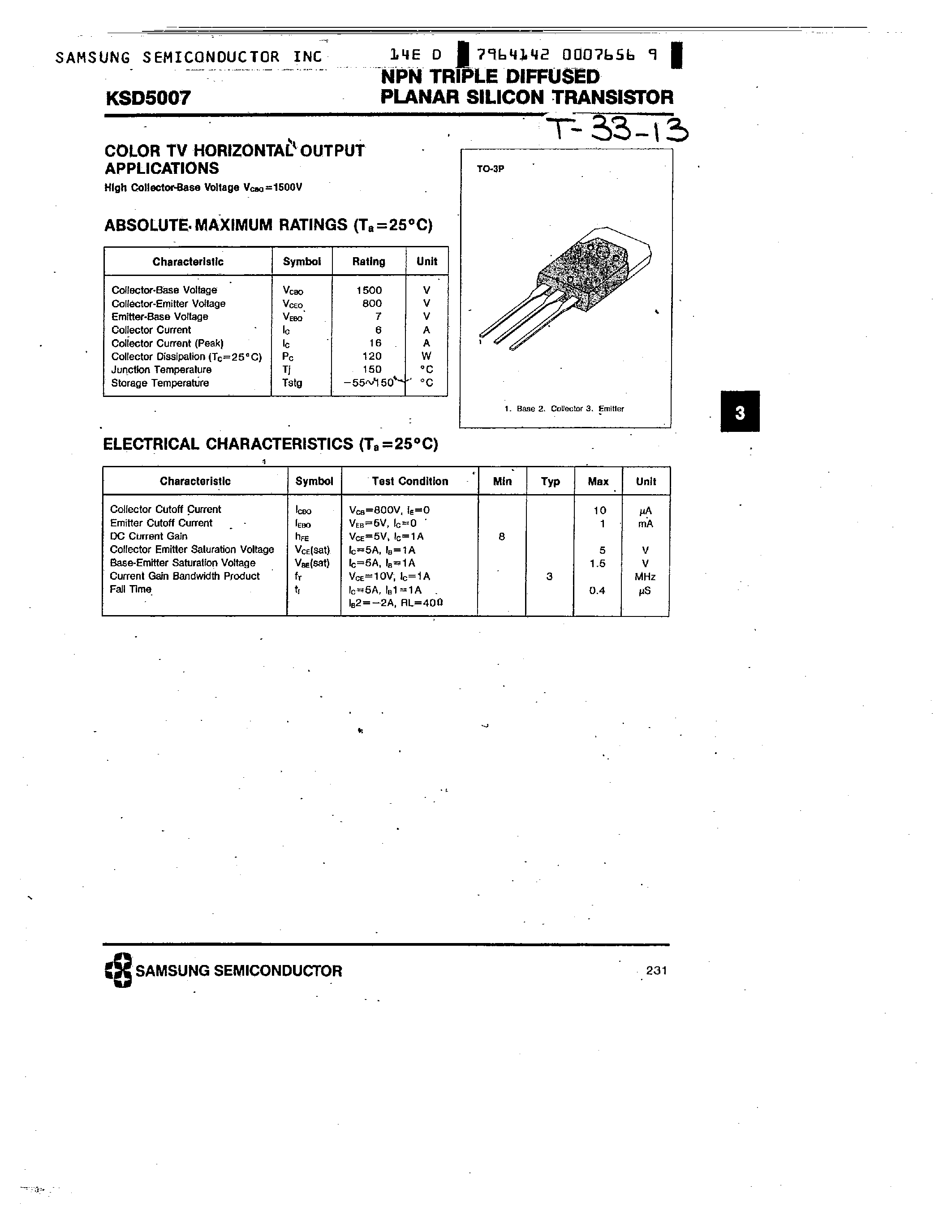 Datasheet KSD5007 - NPN COLOR TV HORIZONTAL OUTPUT APPLICATIONS) page 1