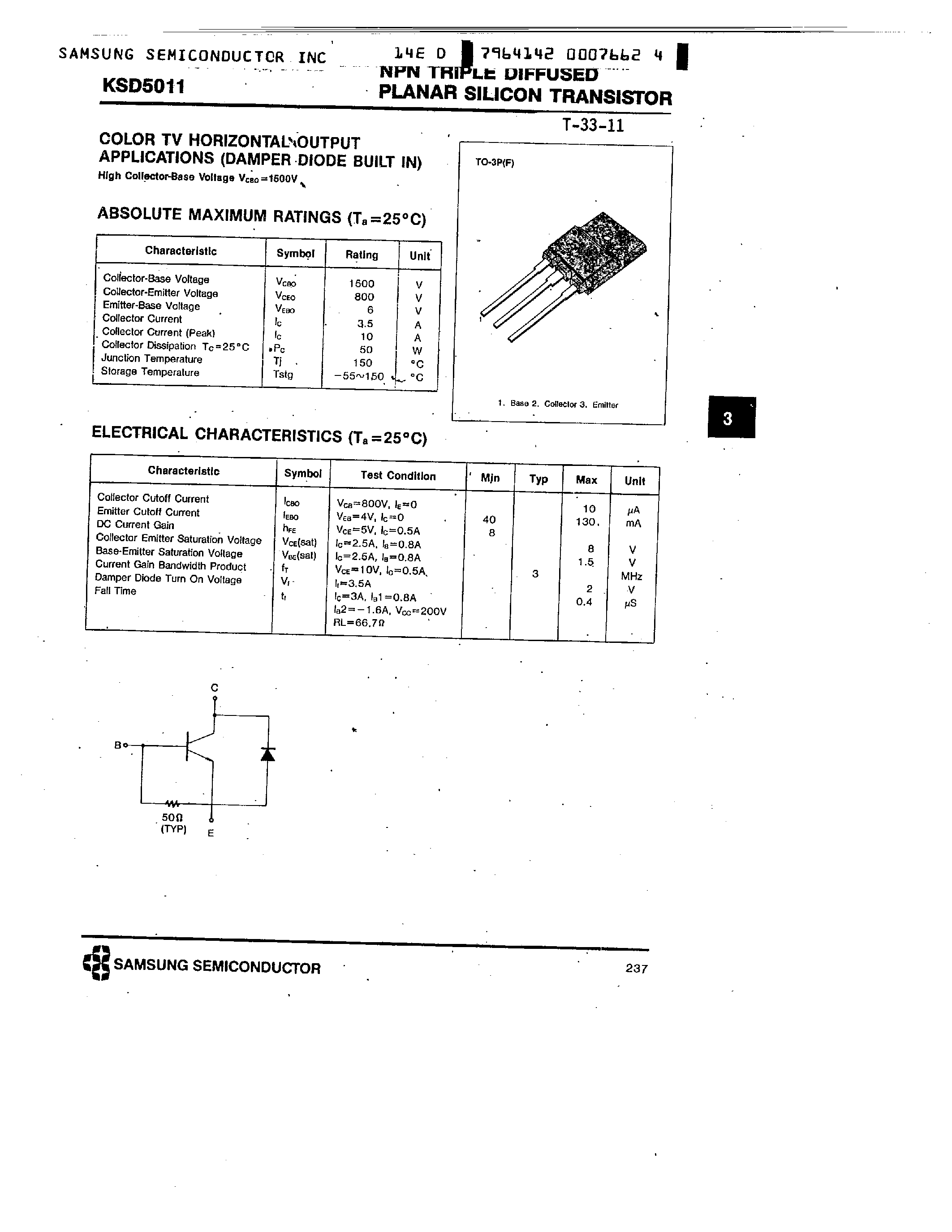 Datasheet KSD5011 - NPN (COLOR TV HORIZONTAL OUTPUT APPLICATIONS) page 1