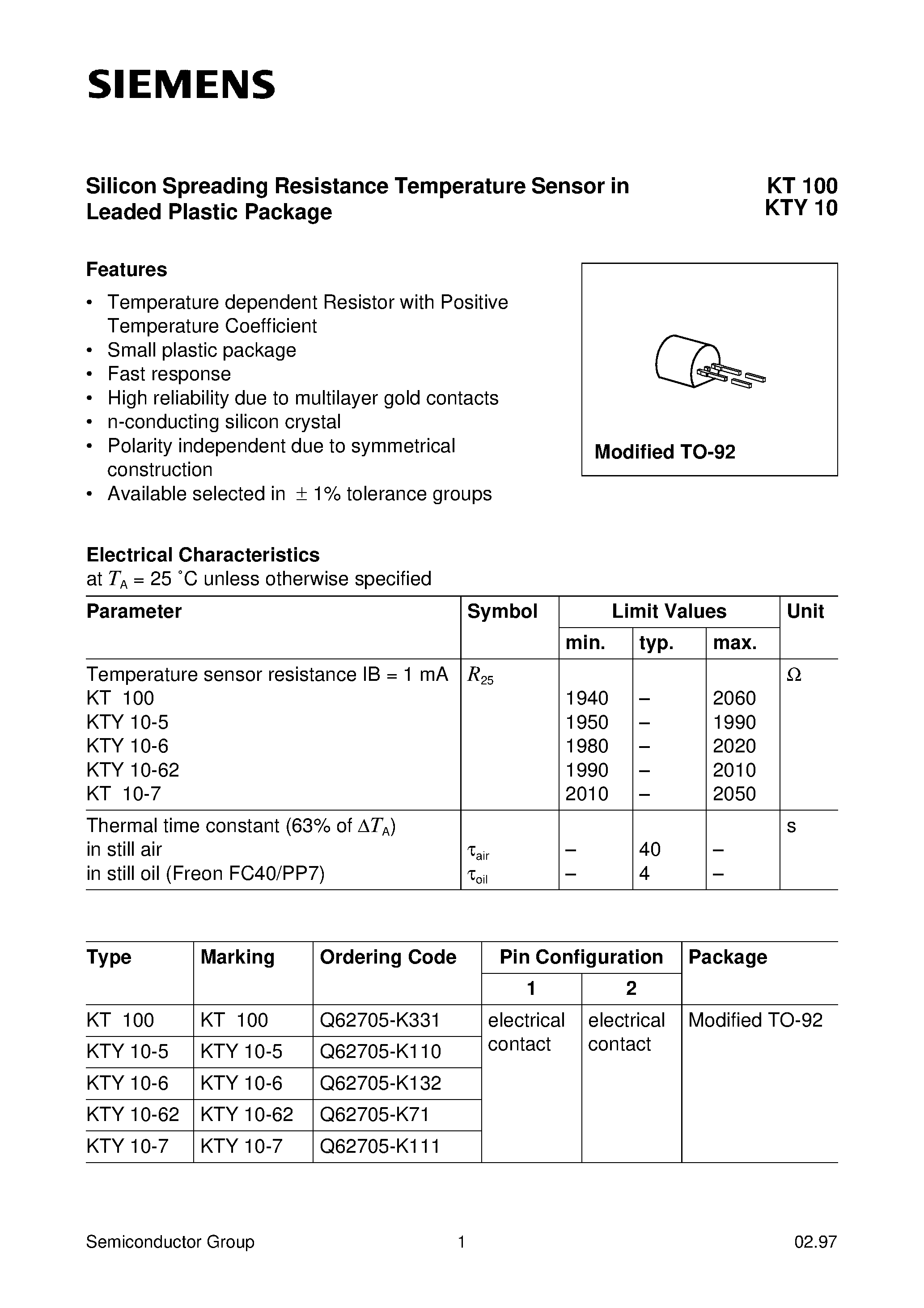 Datasheet KT100 - Silicon Spreading Resistance Temperature Sensor in Leaded Plastic Package page 1