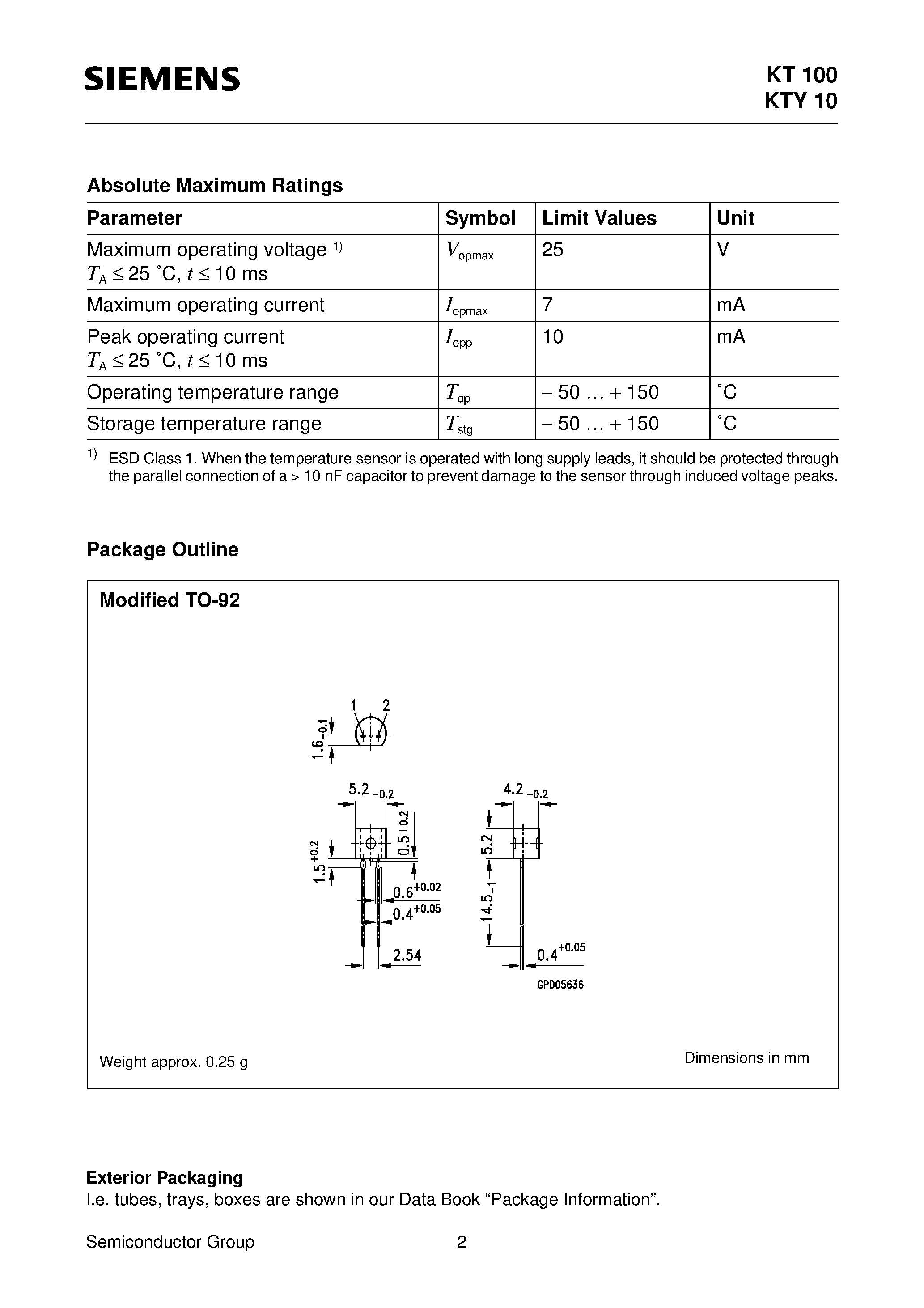 Datasheet KT100 - Silicon Spreading Resistance Temperature Sensor in Leaded Plastic Package page 2