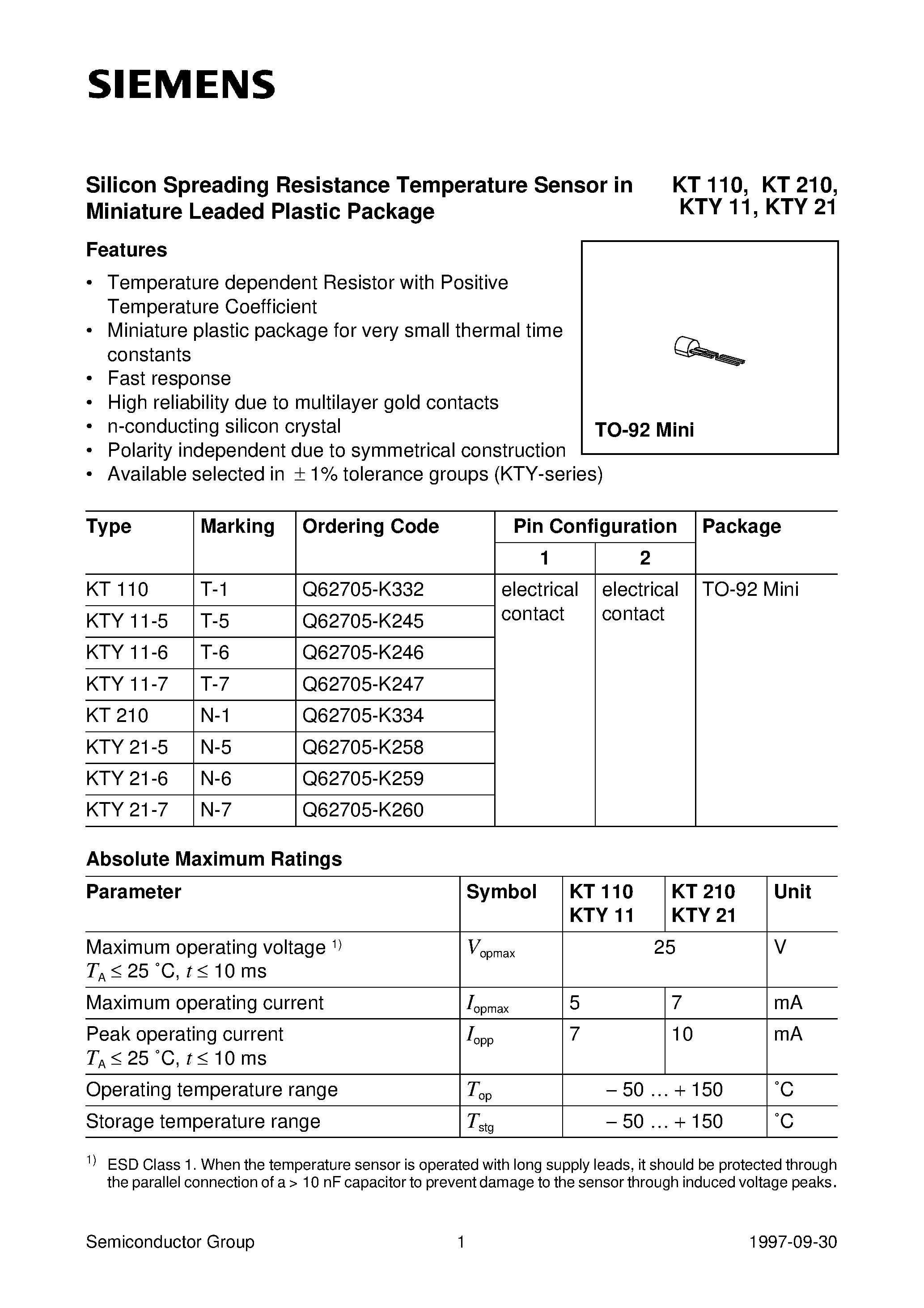 Datasheet KT110 - Silicon Spreading Resistance Temperature Sensor in Miniature Leaded Plastic Package page 1