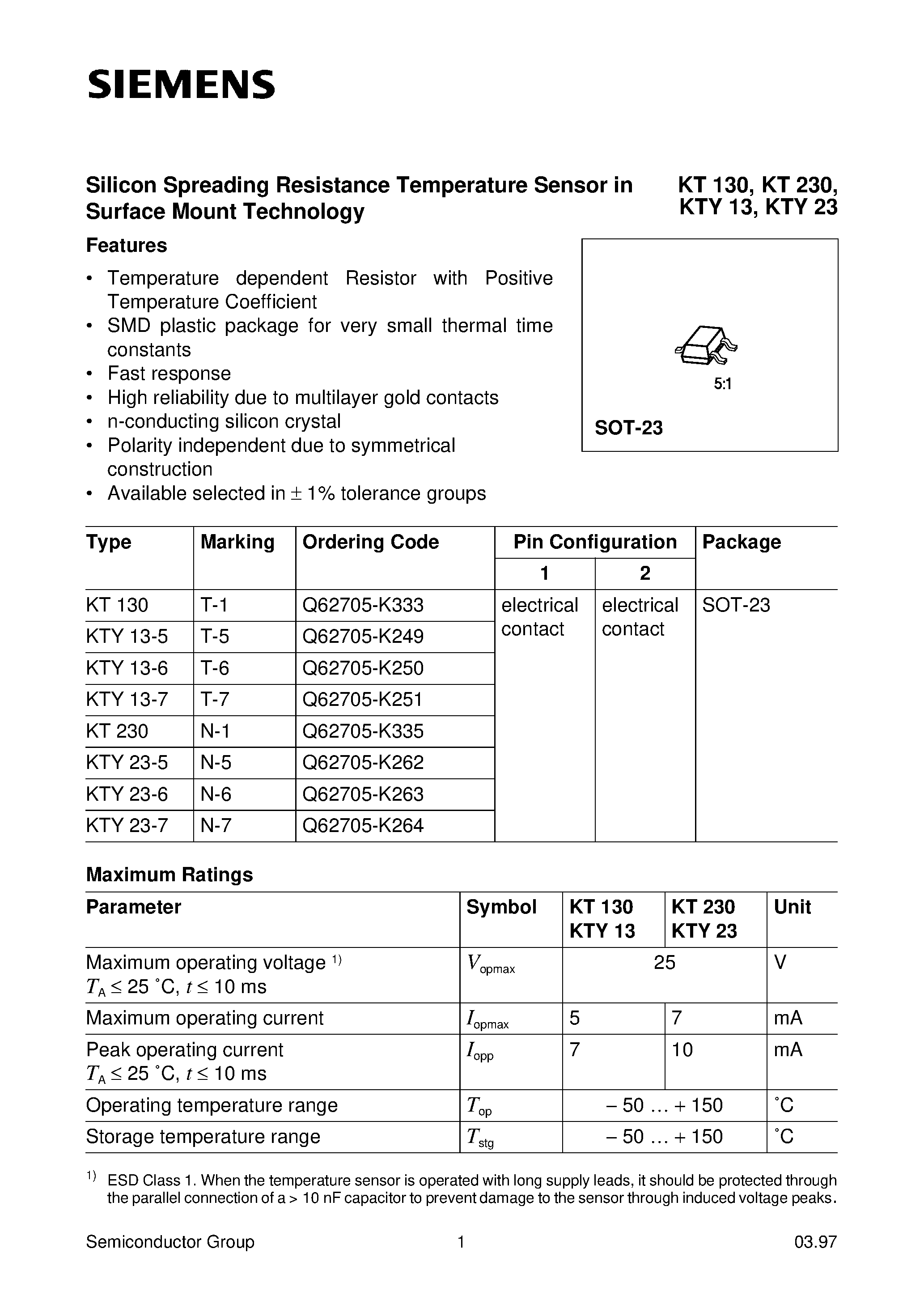 Datasheet KT130 - Silicon Spreading Resistance Temperature Sensor in Surface Mount Technology page 1