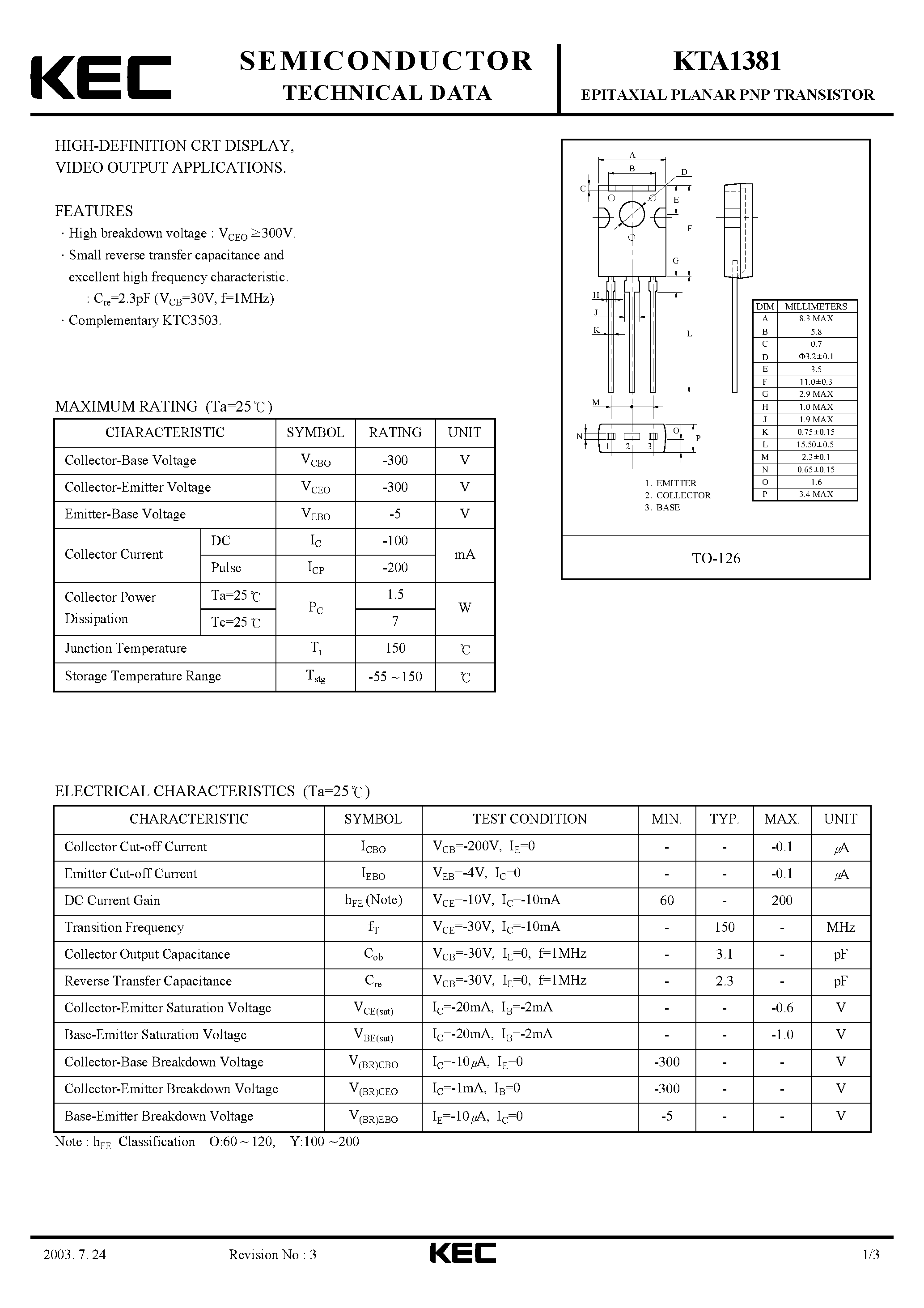 Datasheet KTA1381 - EPITAXIAL PLANAR PNP TRANSISTOR (HIGH-DIFFINITION CRT DISPLAY VIDEO OUTPUT) page 1