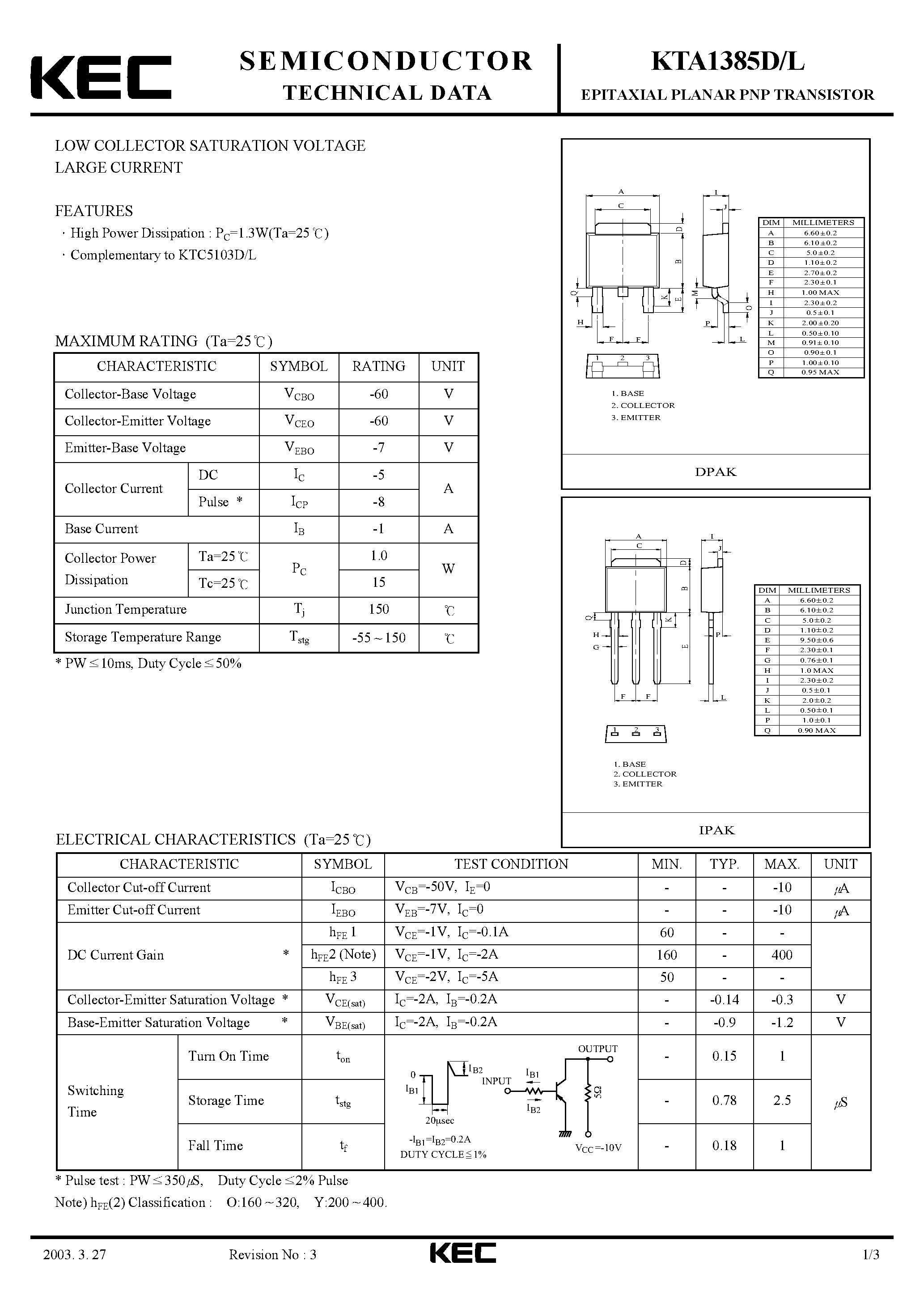 Datasheet KTA1385D - EPITAXIAL PLANAR PNP TRANSISTOR (LOW COLLECTOR SATURATION VOLTAGE LARGE CURRENT) page 1