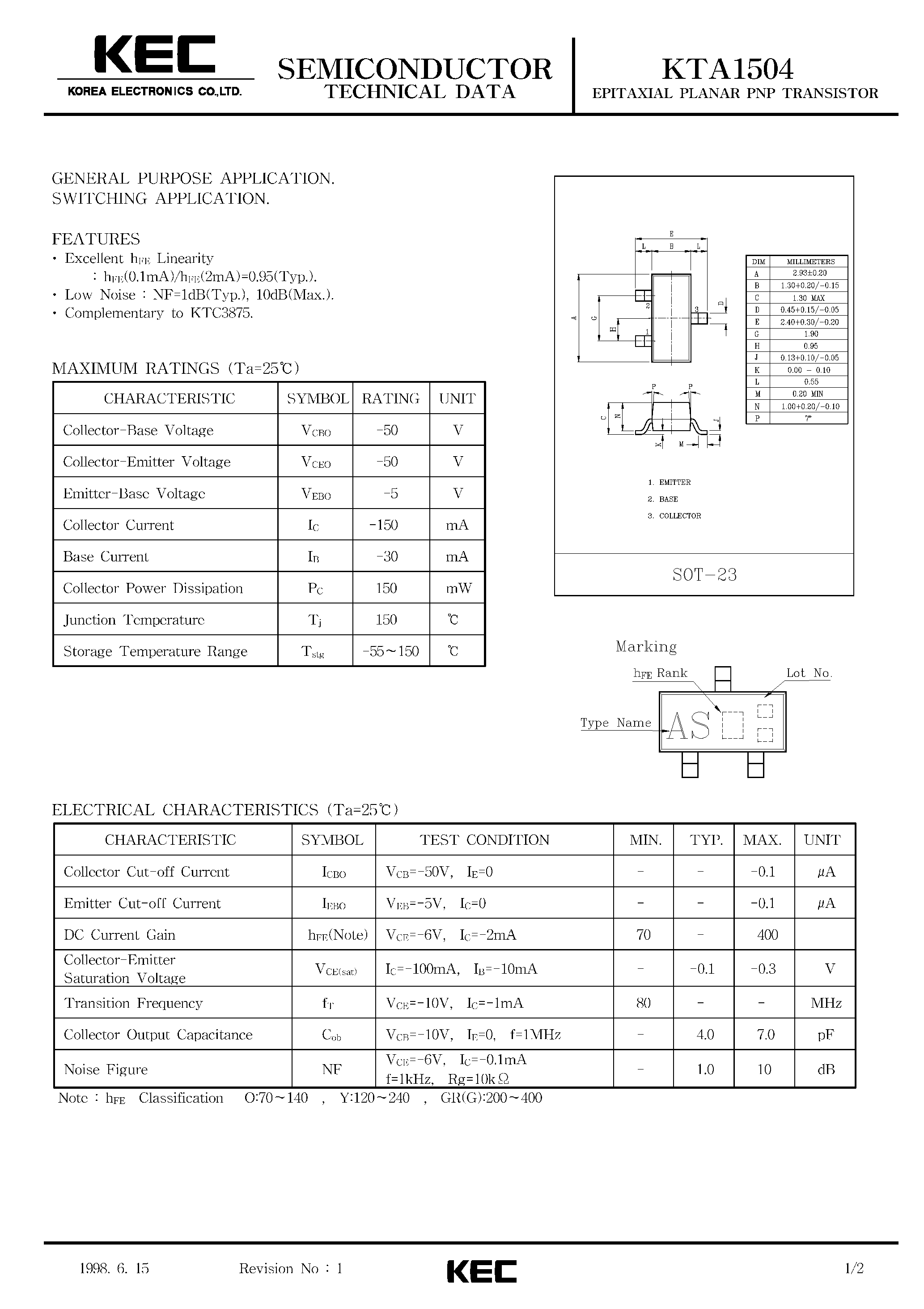 Datasheet KTA1504 - EPITAXIAL PLANAR PNP TRANSISTOR (GENERAL PURPOSE/ SWITCHING) page 1
