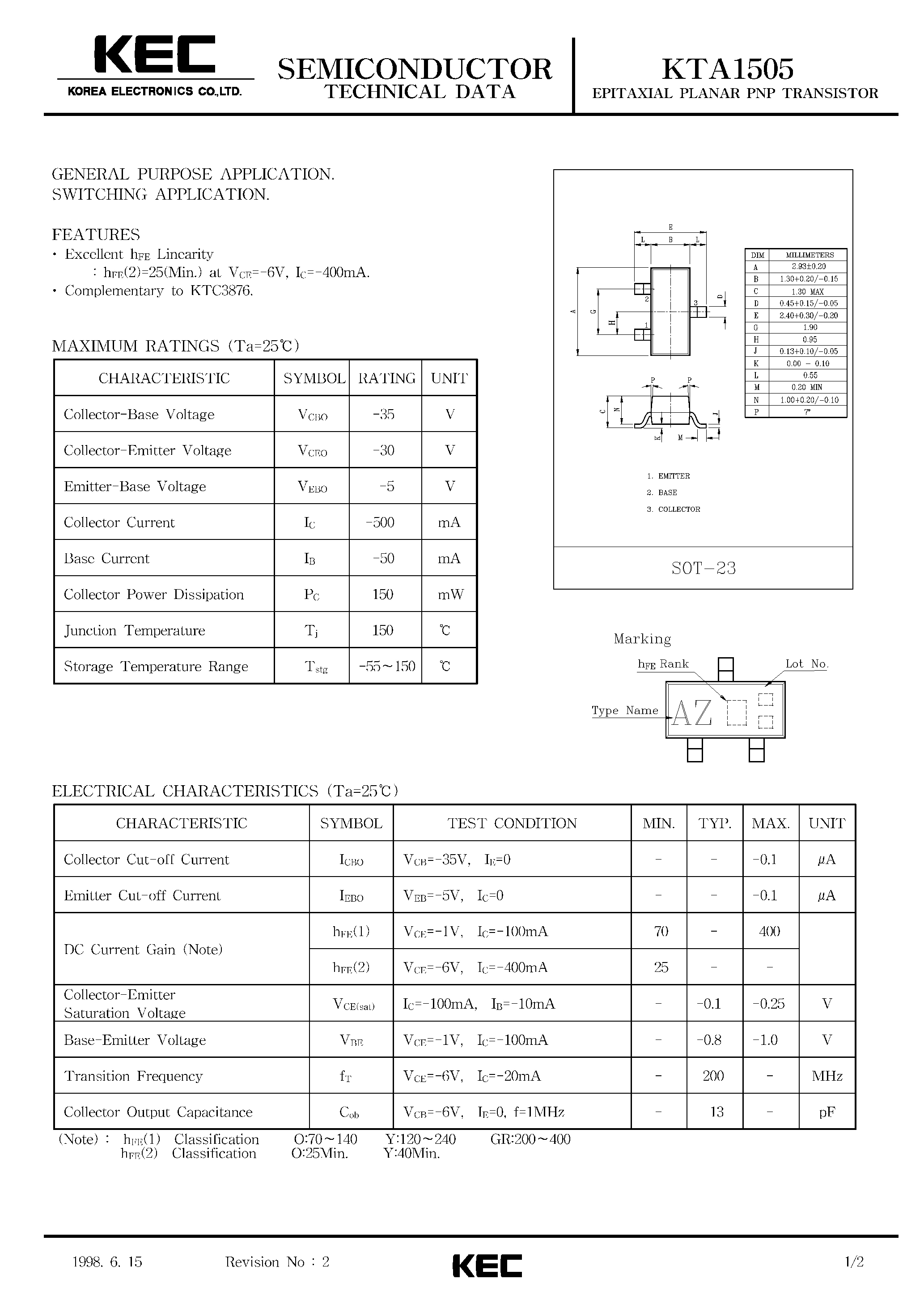 Datasheet KTA1505 - EPITAXIAL PLANAR PNP TRANSISTOR (GENERAL PURPOSE/ SWITCHING) page 1