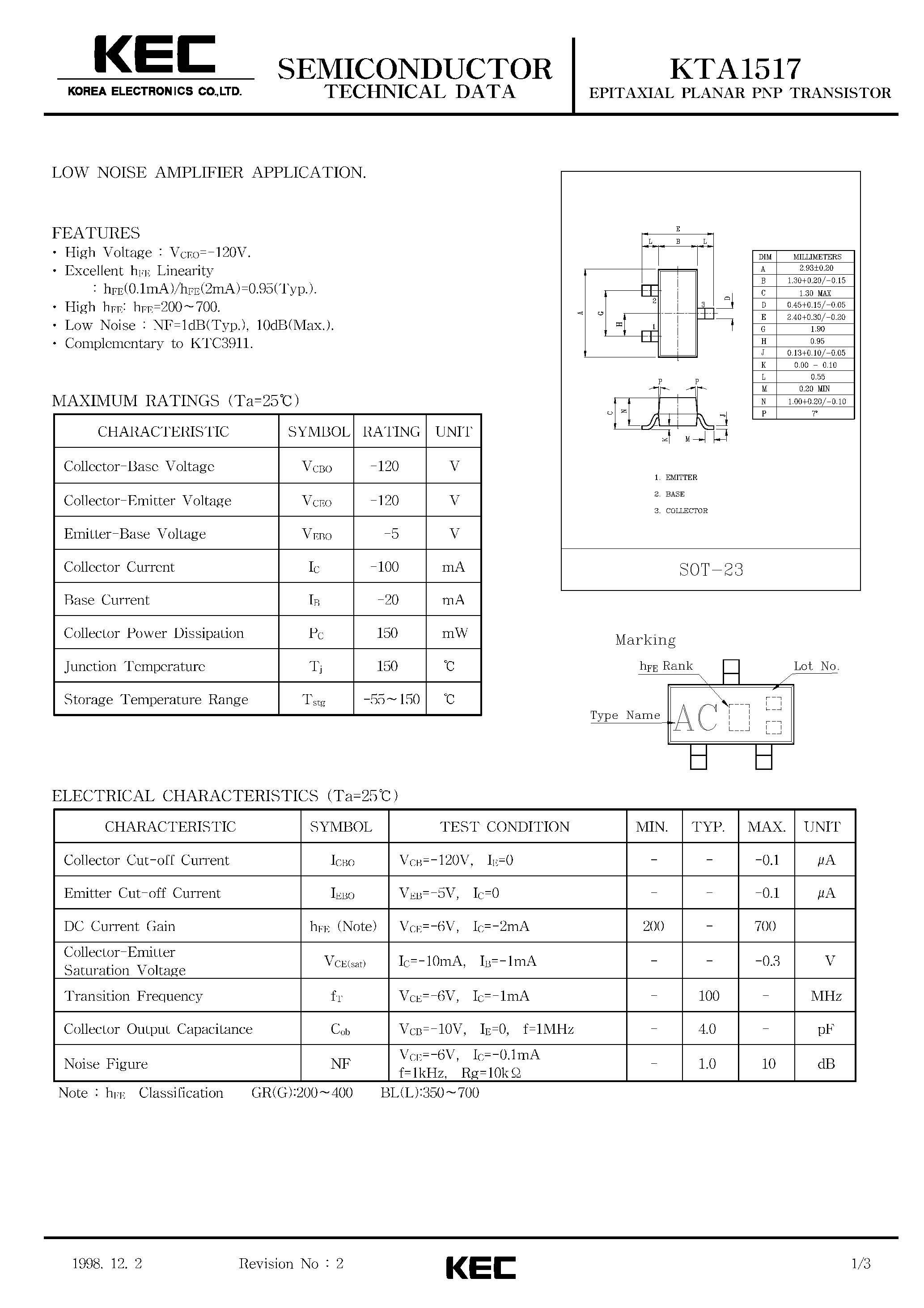 Datasheet KTA1517 - EPITAXIAL PLANAR PNP TRANSISTOR (LOW NOISE AMPLIFIER) page 1