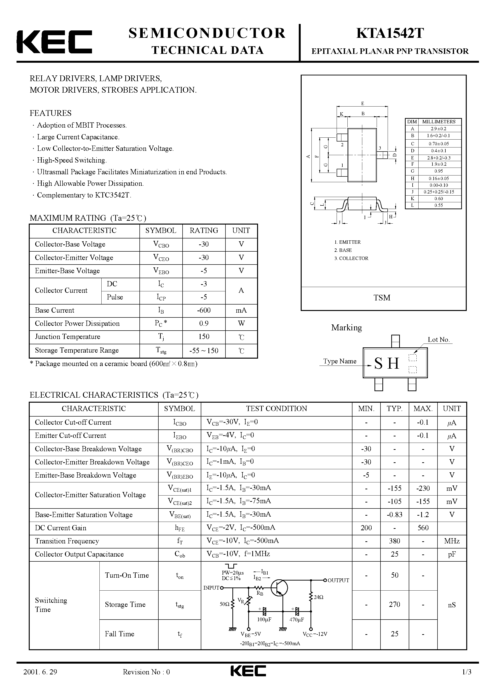 Даташит KTA1542T - EPITAXIAL PLANAR PNP TRANSISTOR страница 1