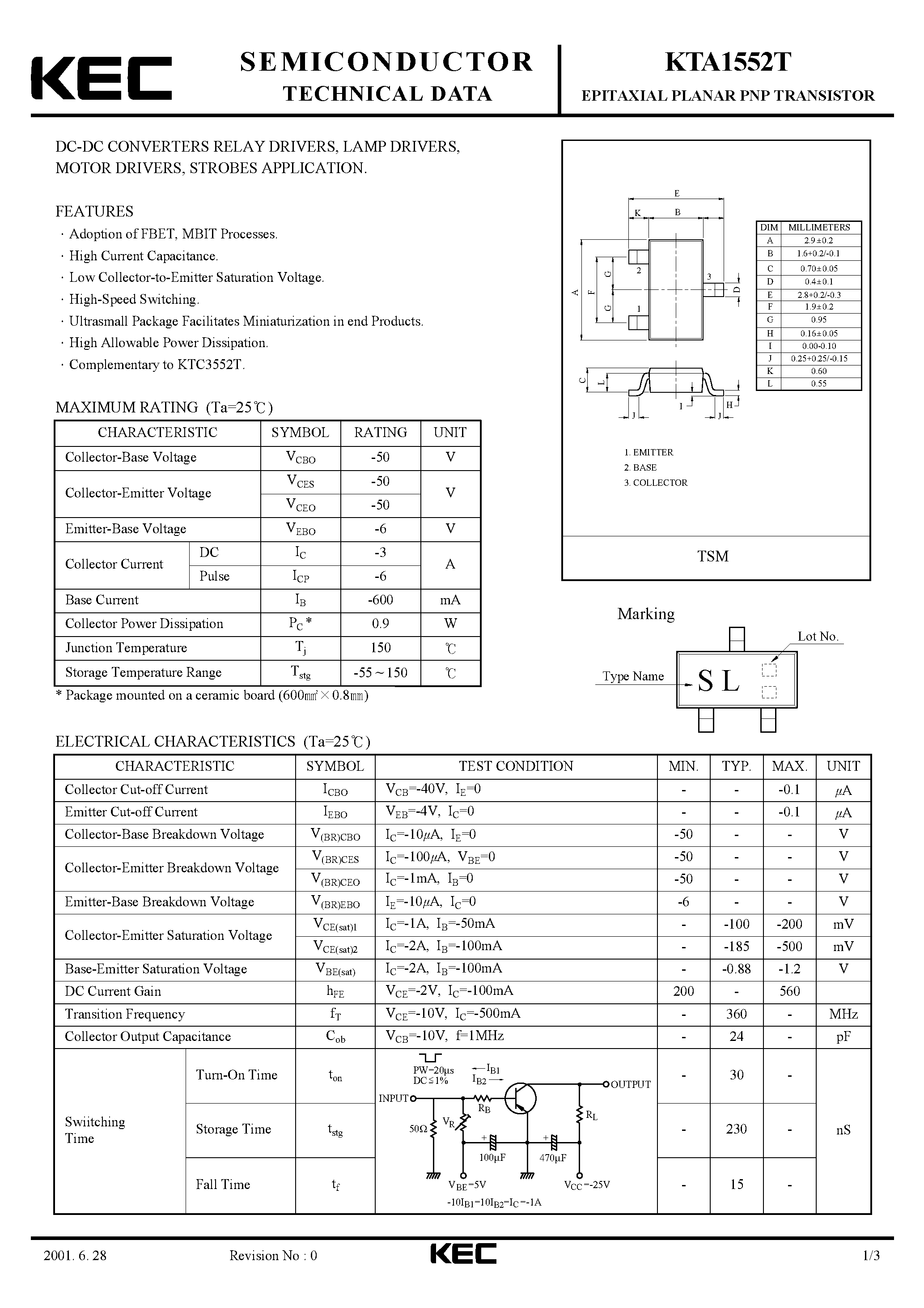 Даташит KTA1552T - DC-DC CONVERTERS RELAY DRIVERS/ LAMP DRIVERS/ MOTOR DRIVERS/ STROBES APPLICATION. страница 1