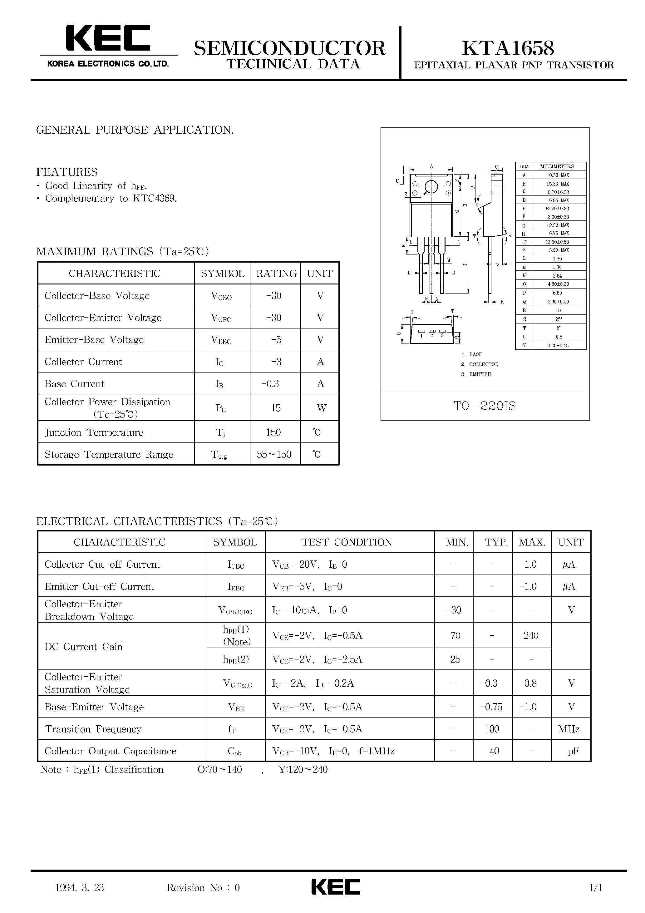 Даташит KTA1658 - EPITAXIAL PLANAR PNP TRANSISTOR (GENERAL PURPOSE) страница 1