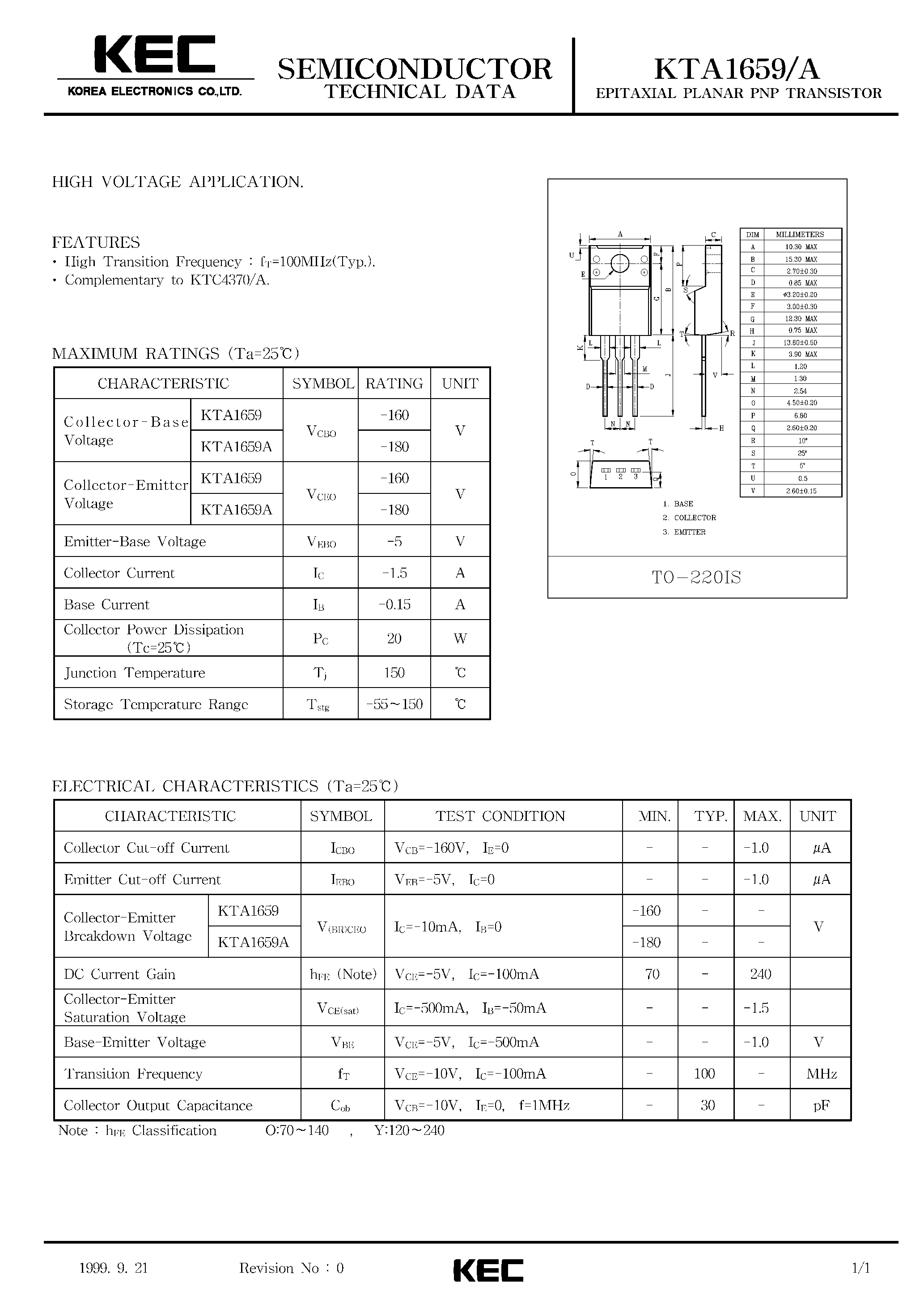 Даташит KTA1659 - EPITAXIAL PLANAR PNP TRANSISTOR (HIGH VOLTAGE) страница 1