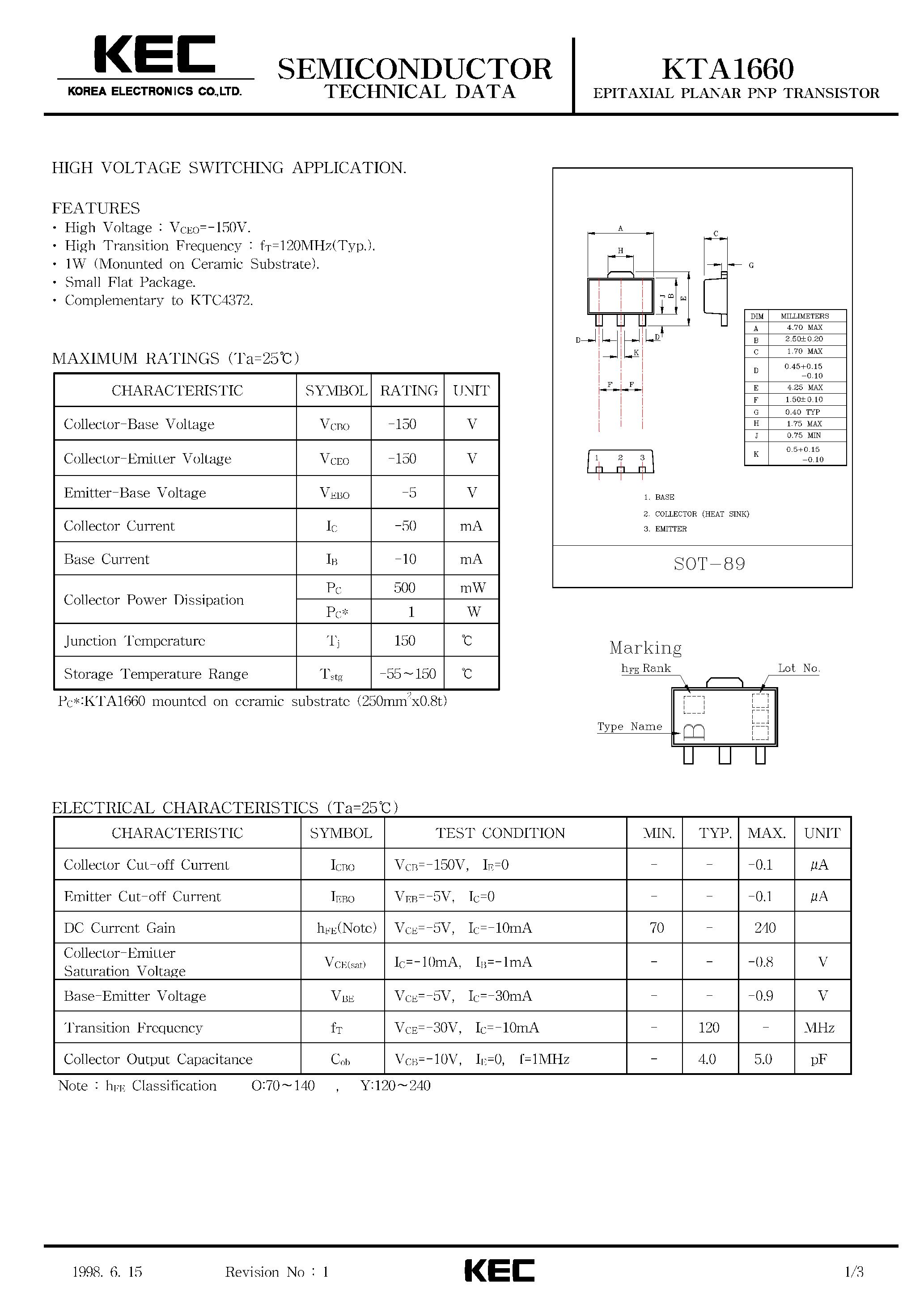 Даташит KTA1660 - EPITAXIAL PLANAR PNP TRANSISTOR (HIGH VOLTAGE SWITCHING) страница 1