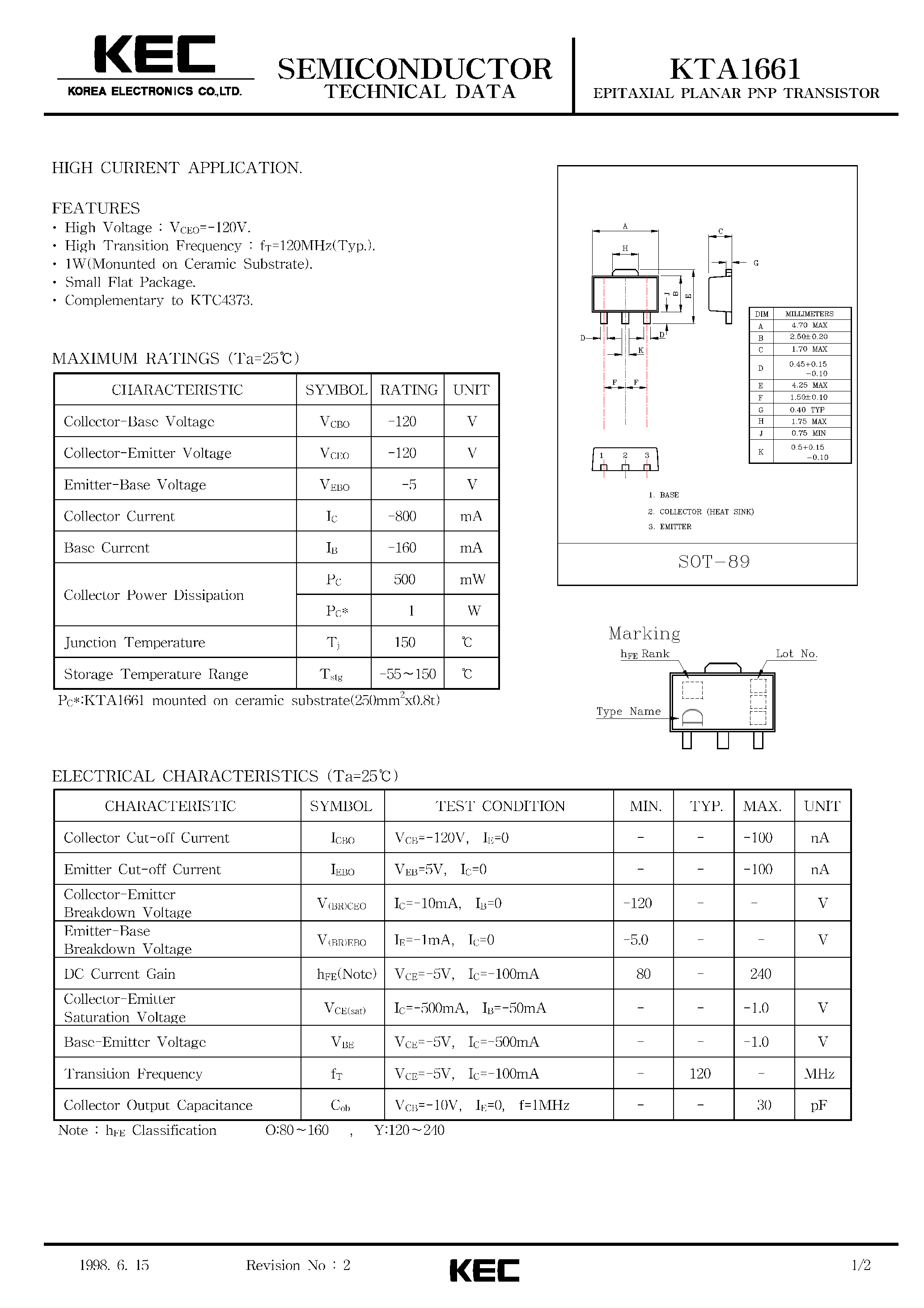 Даташит KTA1661 - EPITAXIAL PLANAR PNP TRANSISTOR (HIGH CURRENT) страница 1