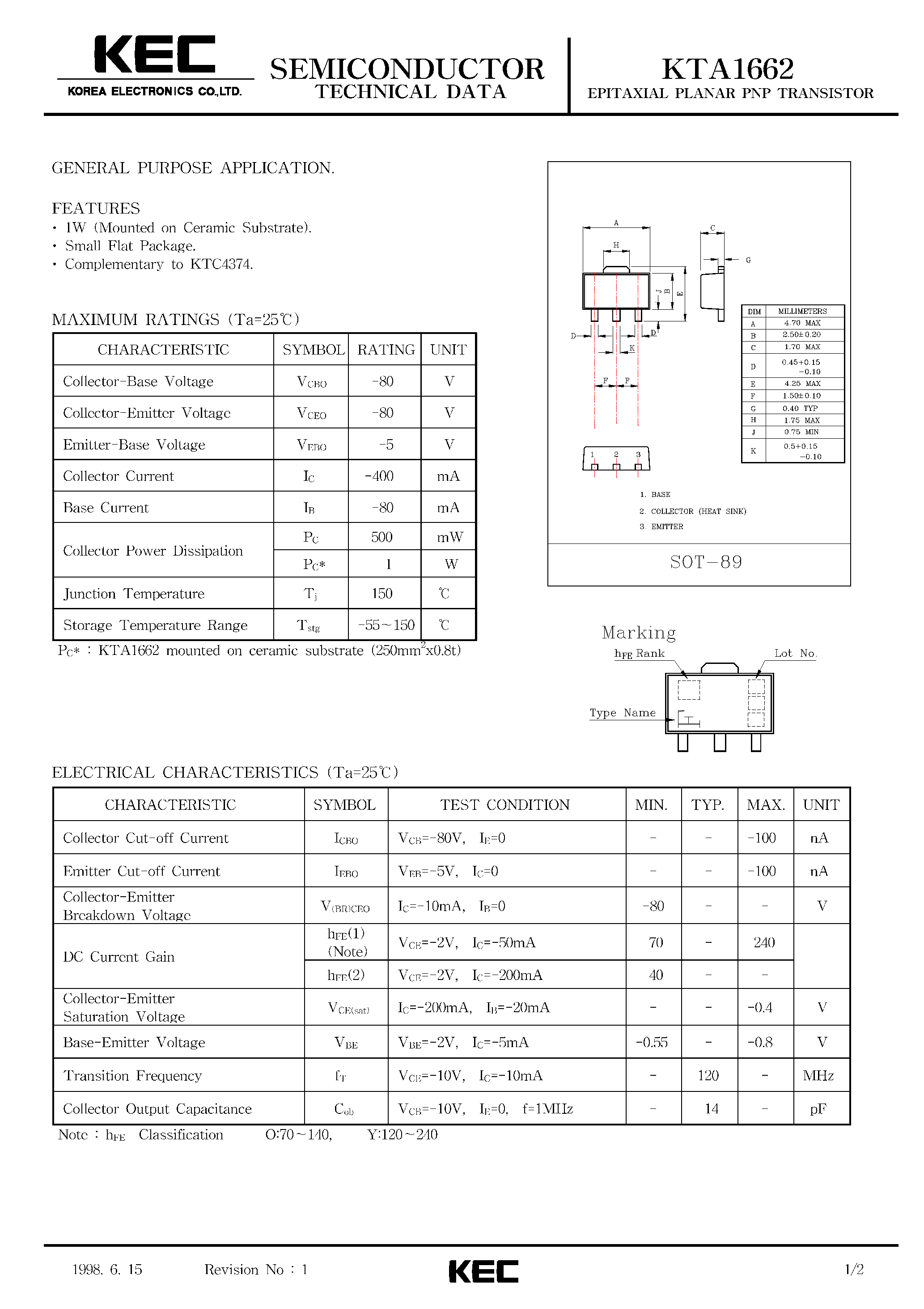 Даташит KTA1662 - EPITAXIAL PLANAR PNP TRANSISTOR (GENERAL PURPOSE) страница 1