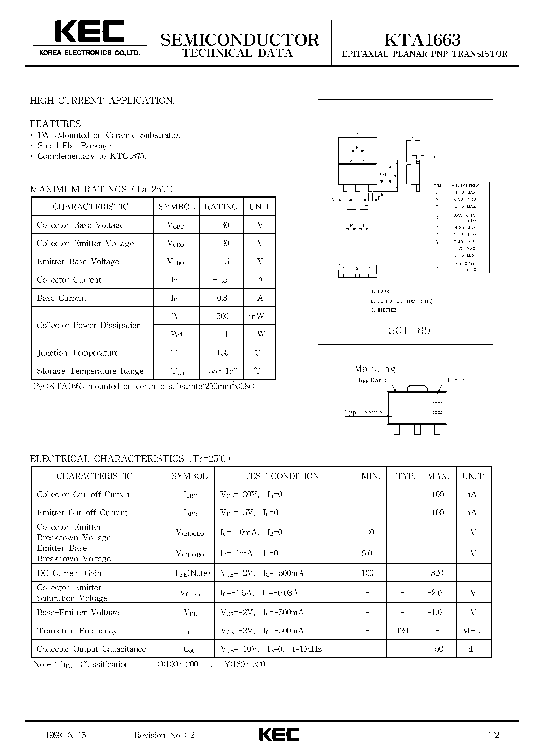 Даташит KTA1663 - EPITAXIAL PLANAR PNP TRANSISTOR (HIGH CURRENT) страница 1