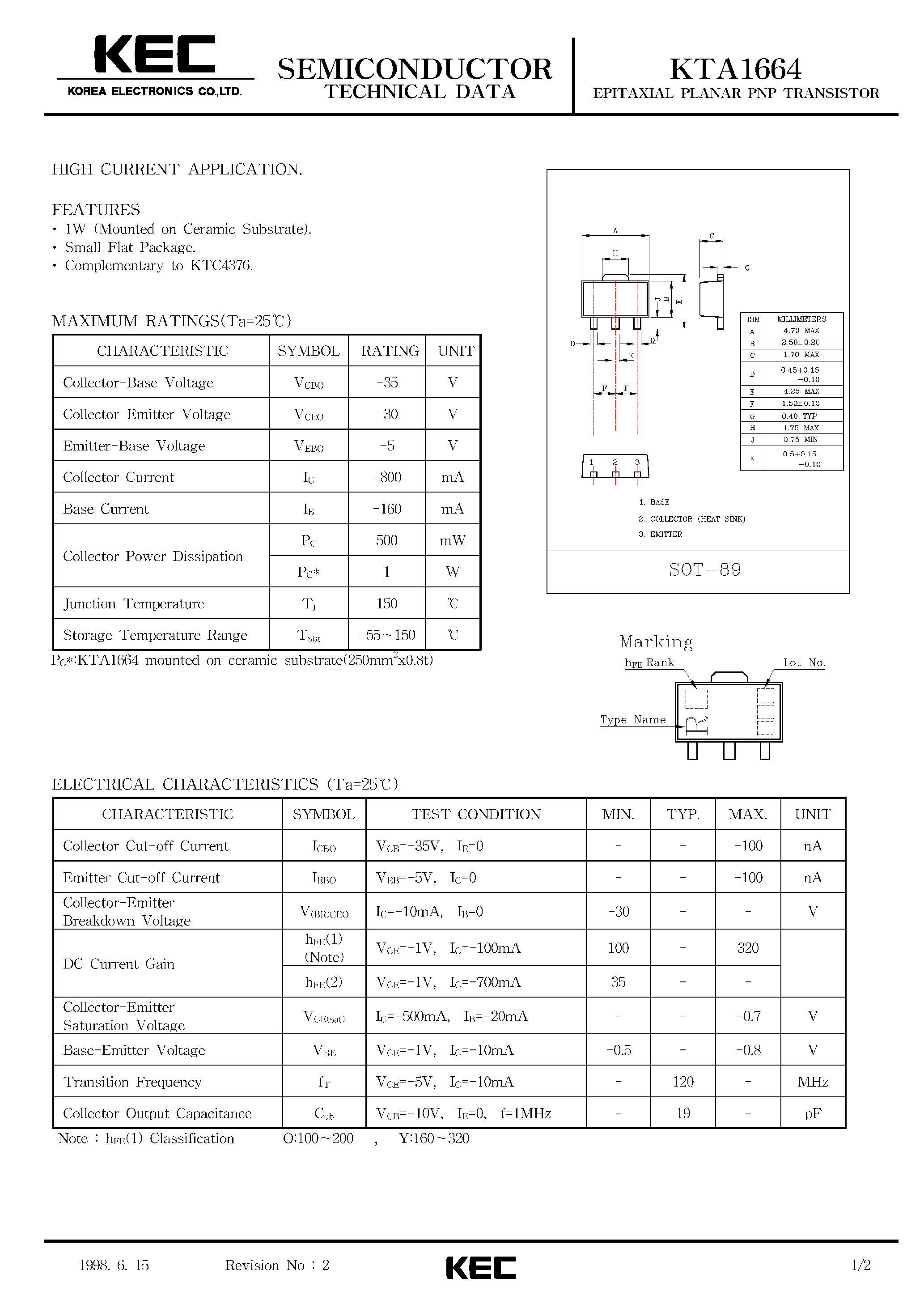 Даташит KTA1664 - EPITAXIAL PLANAR PNP TRANSISTOR (HIGH CURRENT) страница 1