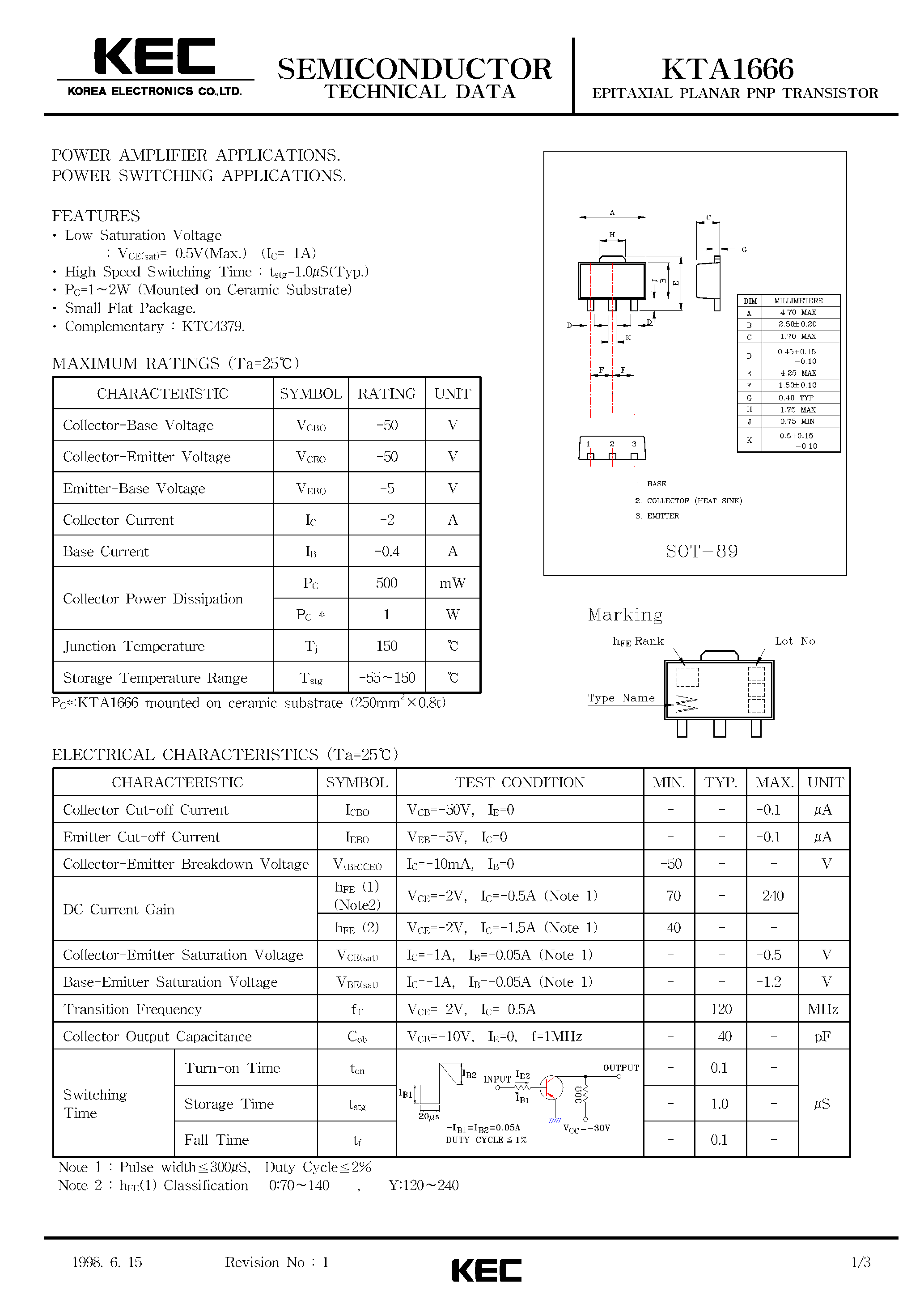 Даташит KTA1666 - EPITAXIAL PLANAR PNP TRANSISTOR (POWER AMPLIFIER/ POWER SWITCHING) страница 1