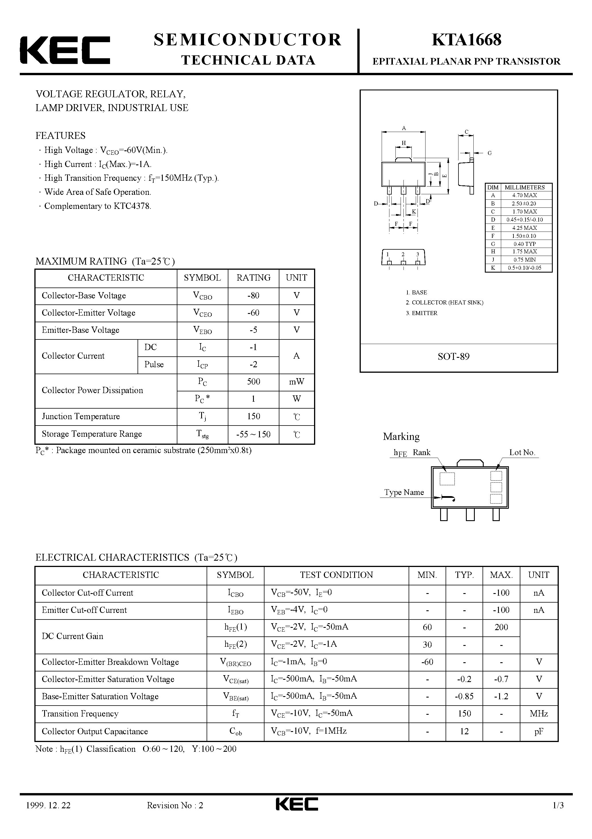 Даташит KTA1668 - EPITAXIAL PLANAR PNP TRANSISTOR (VOLTAGE REGULATOR RELAY LAMP DRIVER/ INDUSTRIAL) страница 1